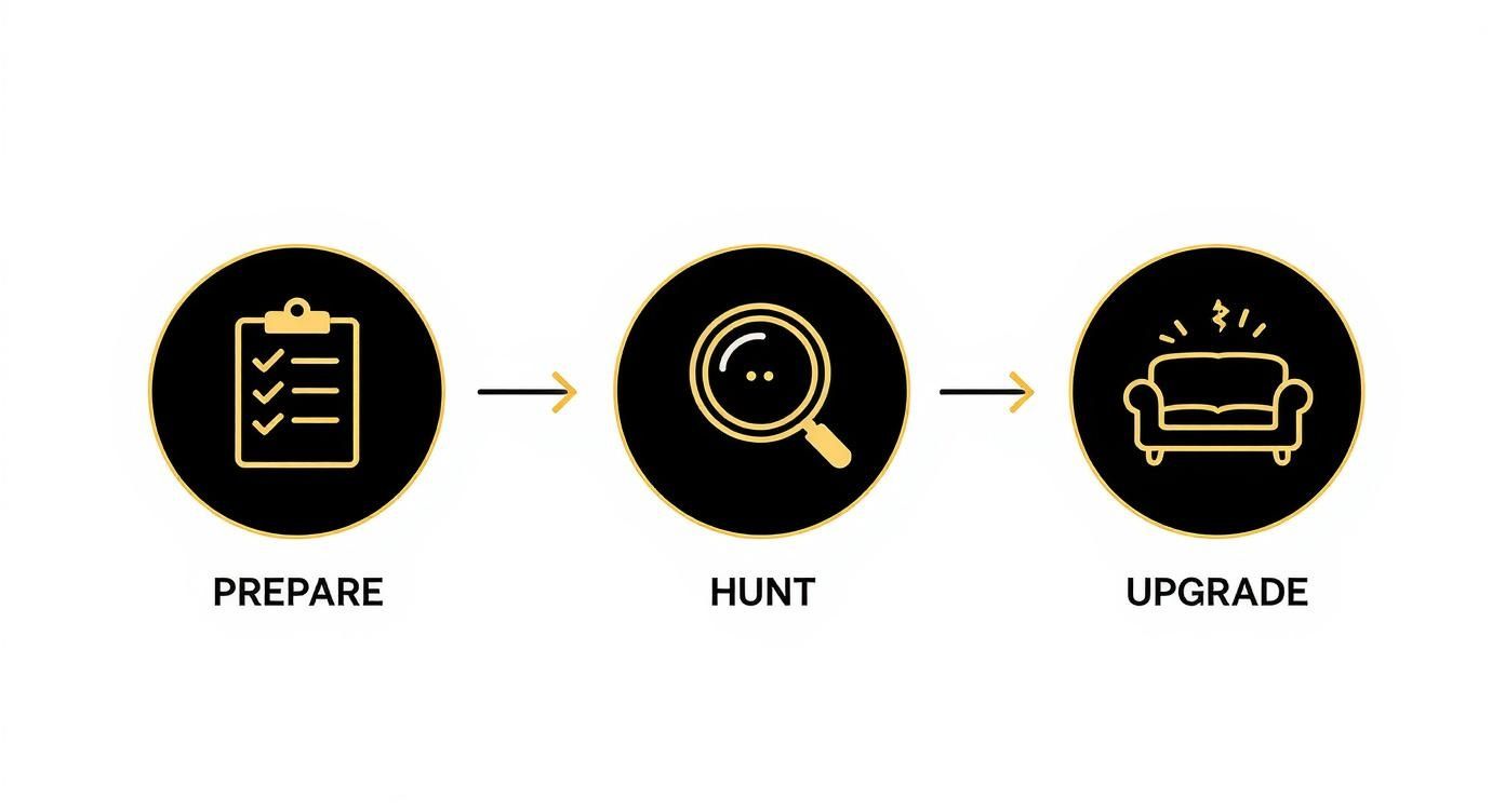 Three-step process diagram showing prepare with checklist, hunt with magnifying glass, and upgrade with couch icon