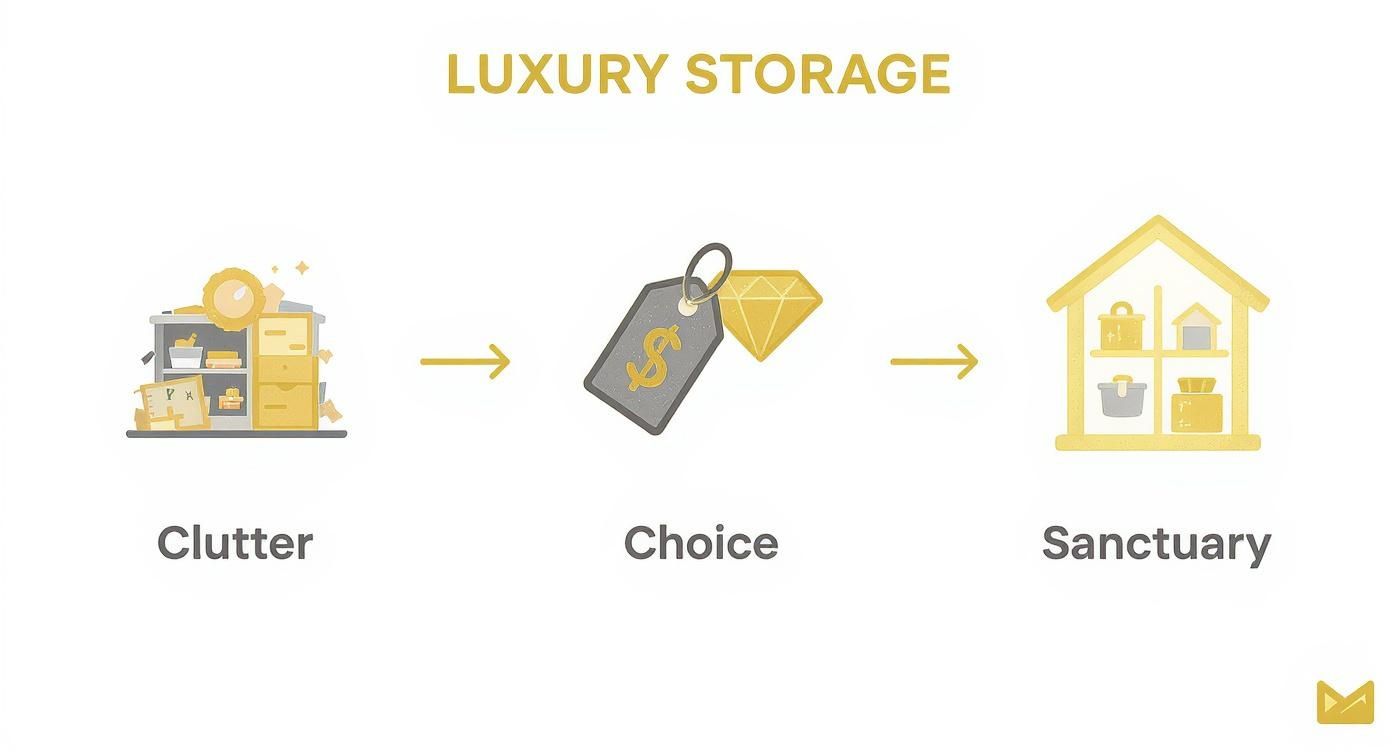 A diagram shows the transformation from cluttered items to valuable choice, leading to an organized luxury storage sanctuary.