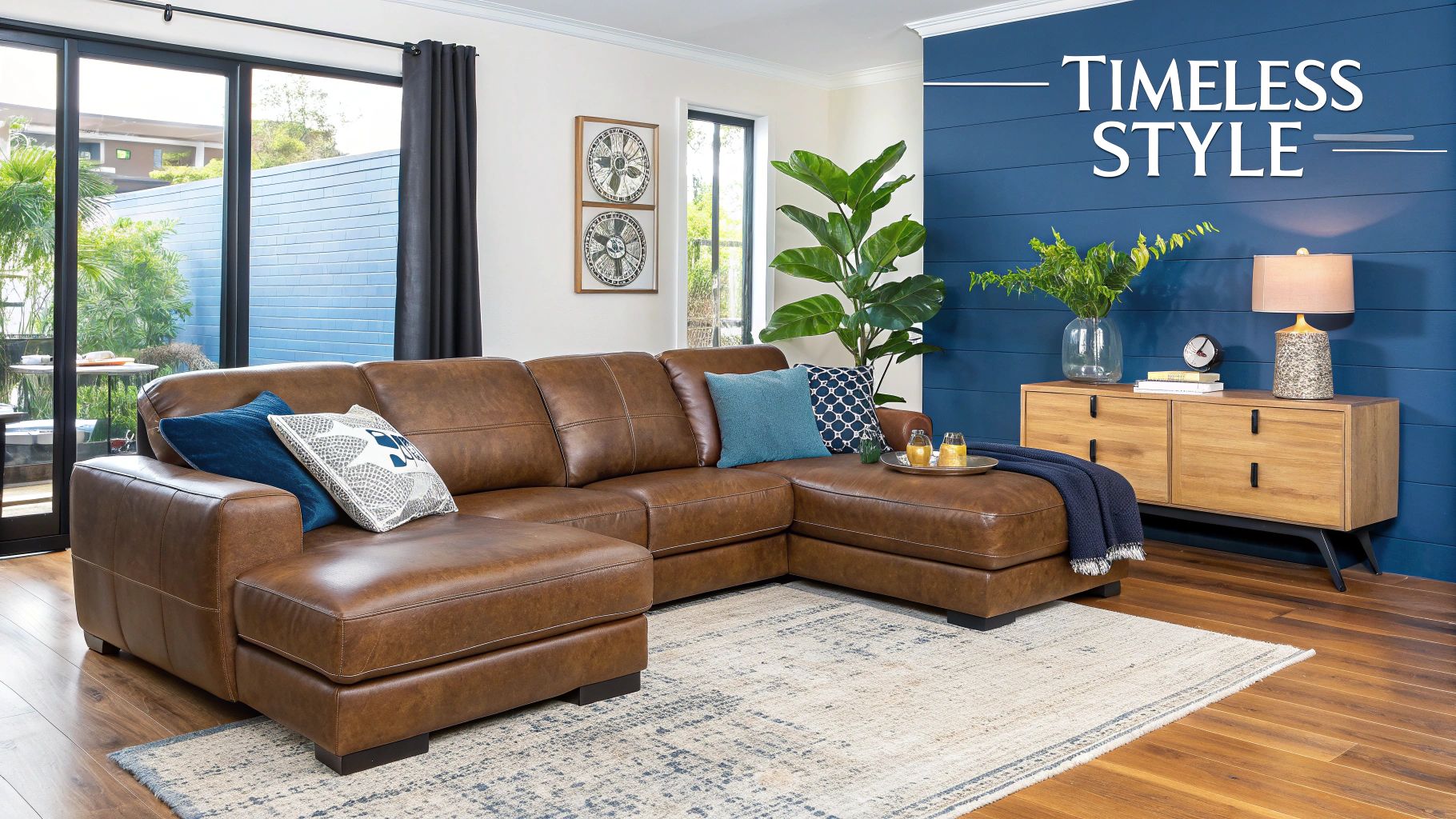 A stylish grey leather couch sectional in a modern living room setting.