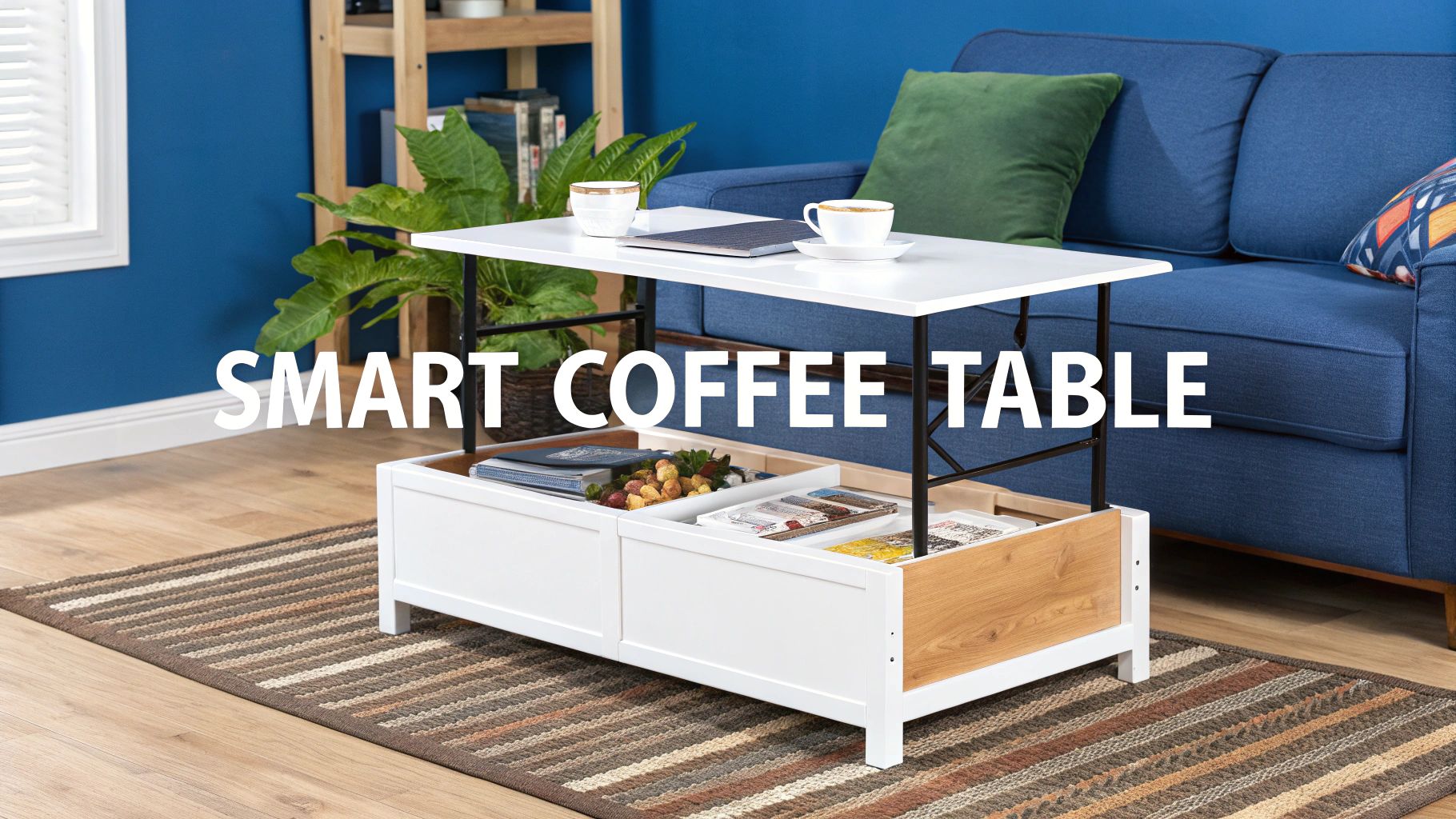 A smart white lift-top coffee table with storage in a modern living room setting.