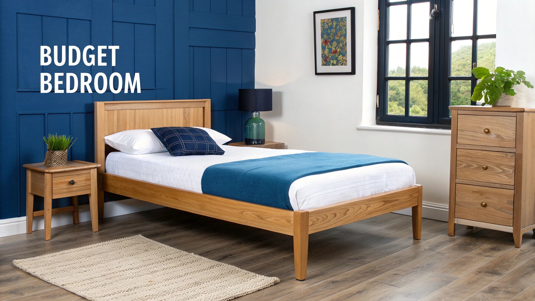 A stylish, cohesive bedroom with a single bed, wardrobe, and matching decor