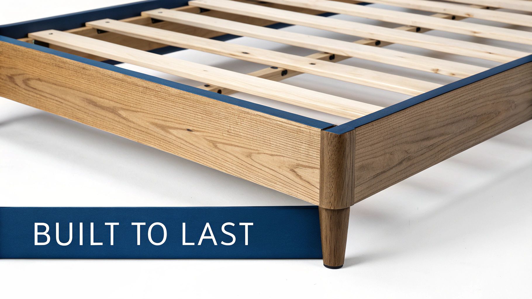 Close-up of the sturdy wooden slats on an upholstered bed frame.