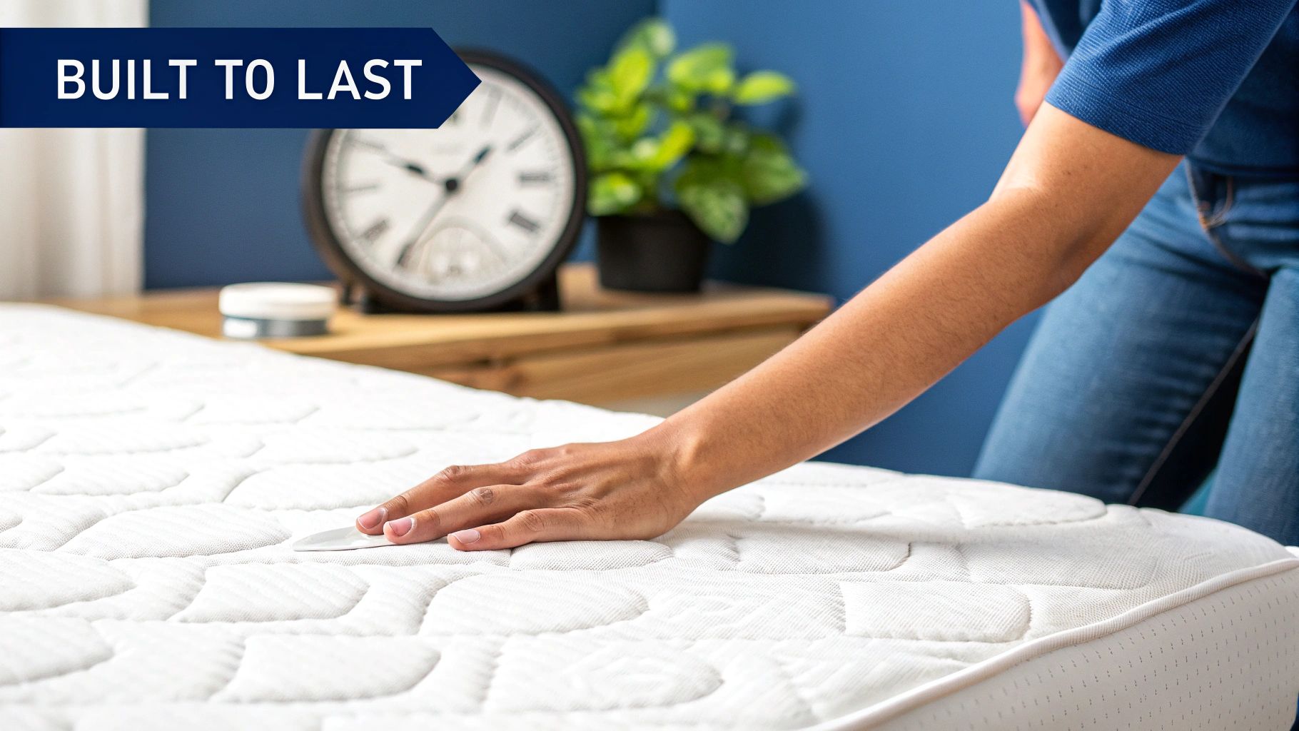 A person is sitting on the edge of a bed with a high-quality mattress, testing its durability.