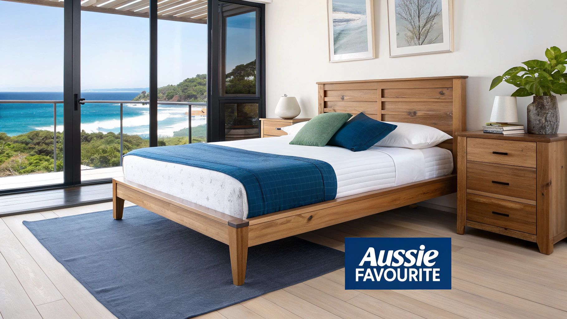 A stylish queen bed frame with elegant upholstery in a well-lit bedroom.