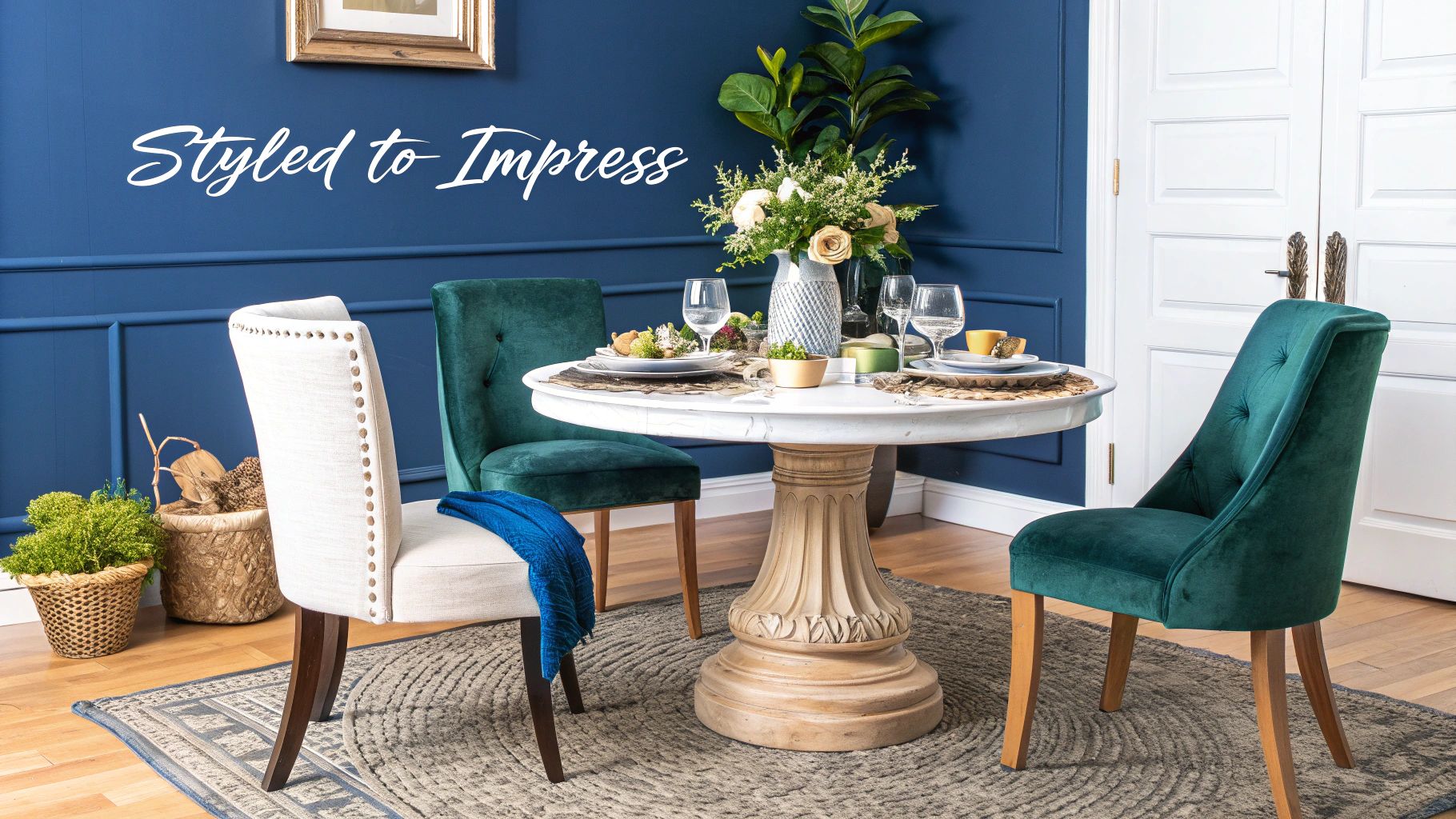 A beautifully styled dining room featuring a pedestal dining table and matching chairs.