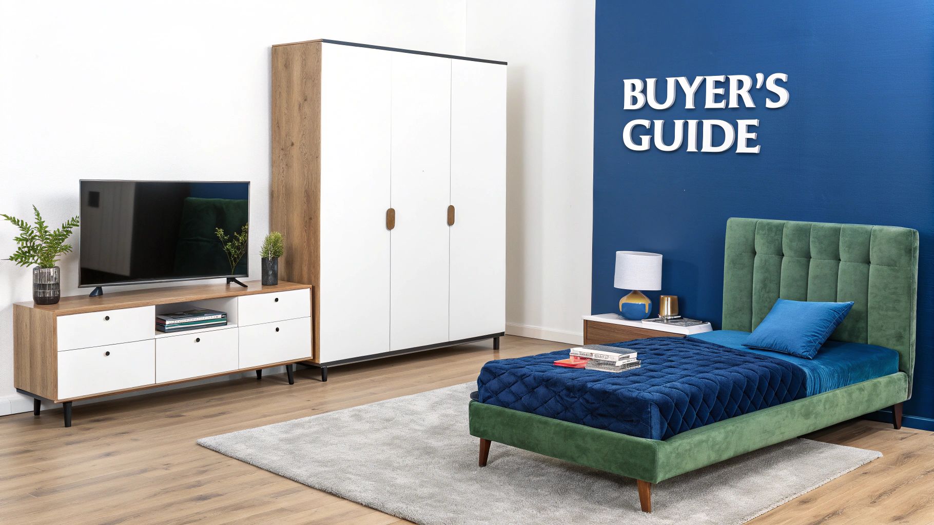 Stylish bedroom with a green velvet bed, blue quilt, TV console, and two-tone wardrobe.