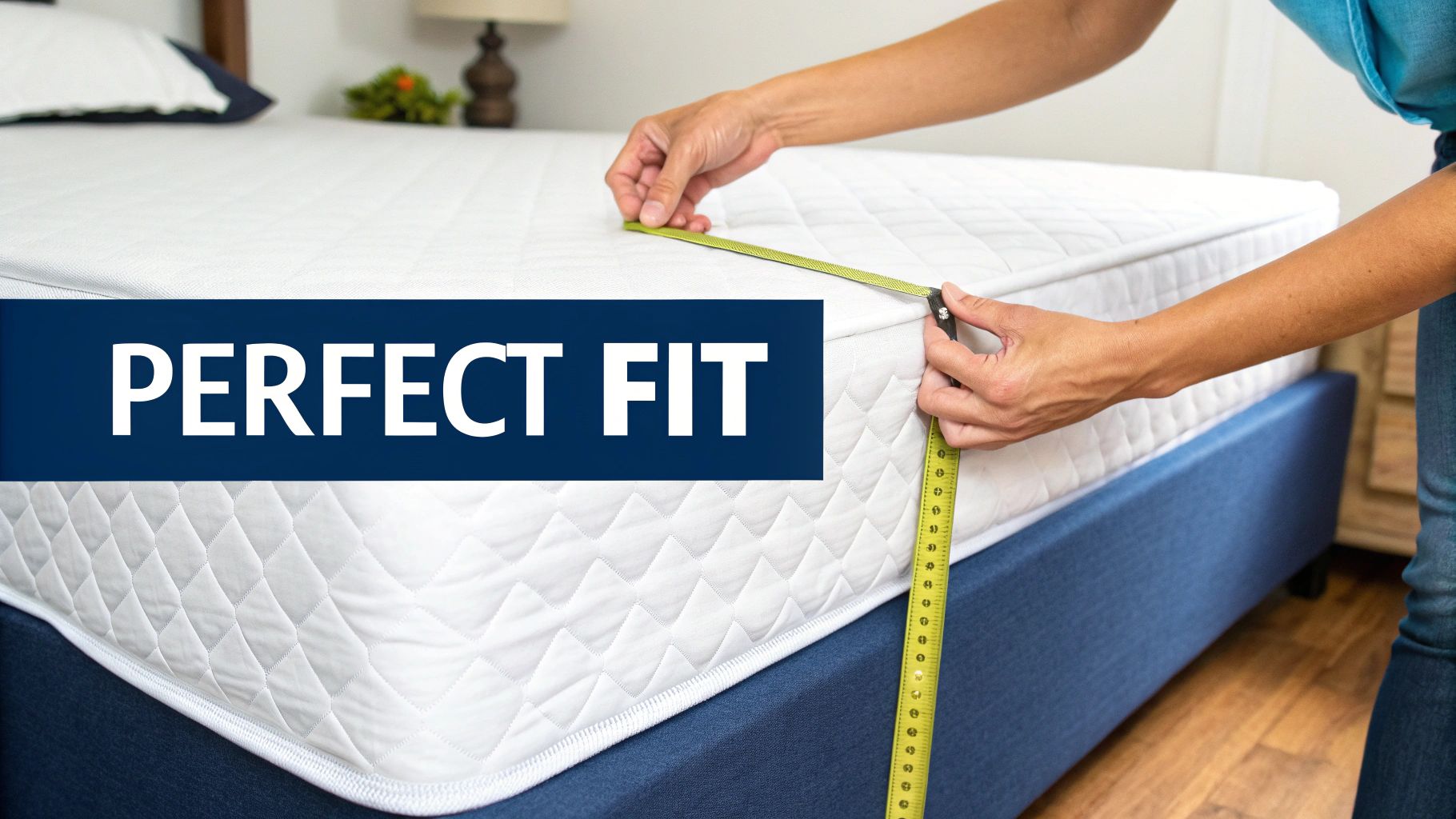 Person measuring the depth of a white mattress with a yellow tape measure, ensuring a perfect fit.
