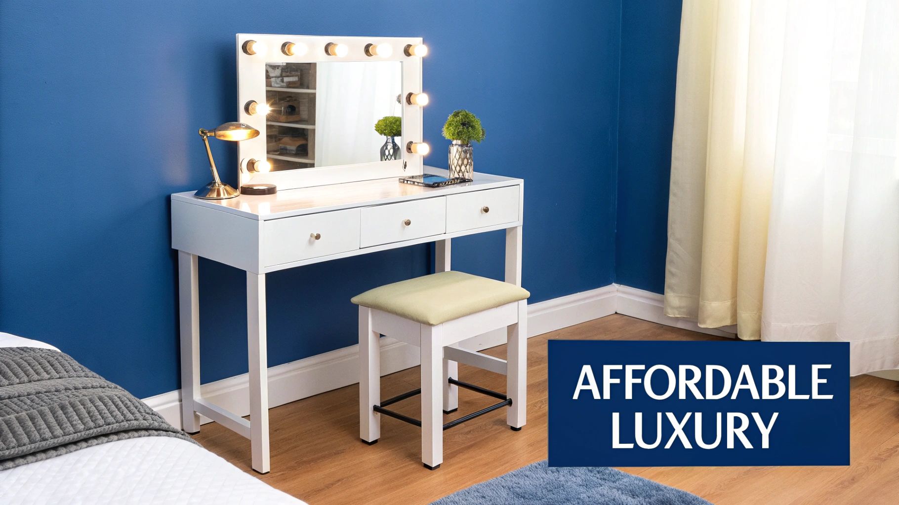 A woman applying makeup at a stylish white and gold makeup vanity desk with a large round mirror.