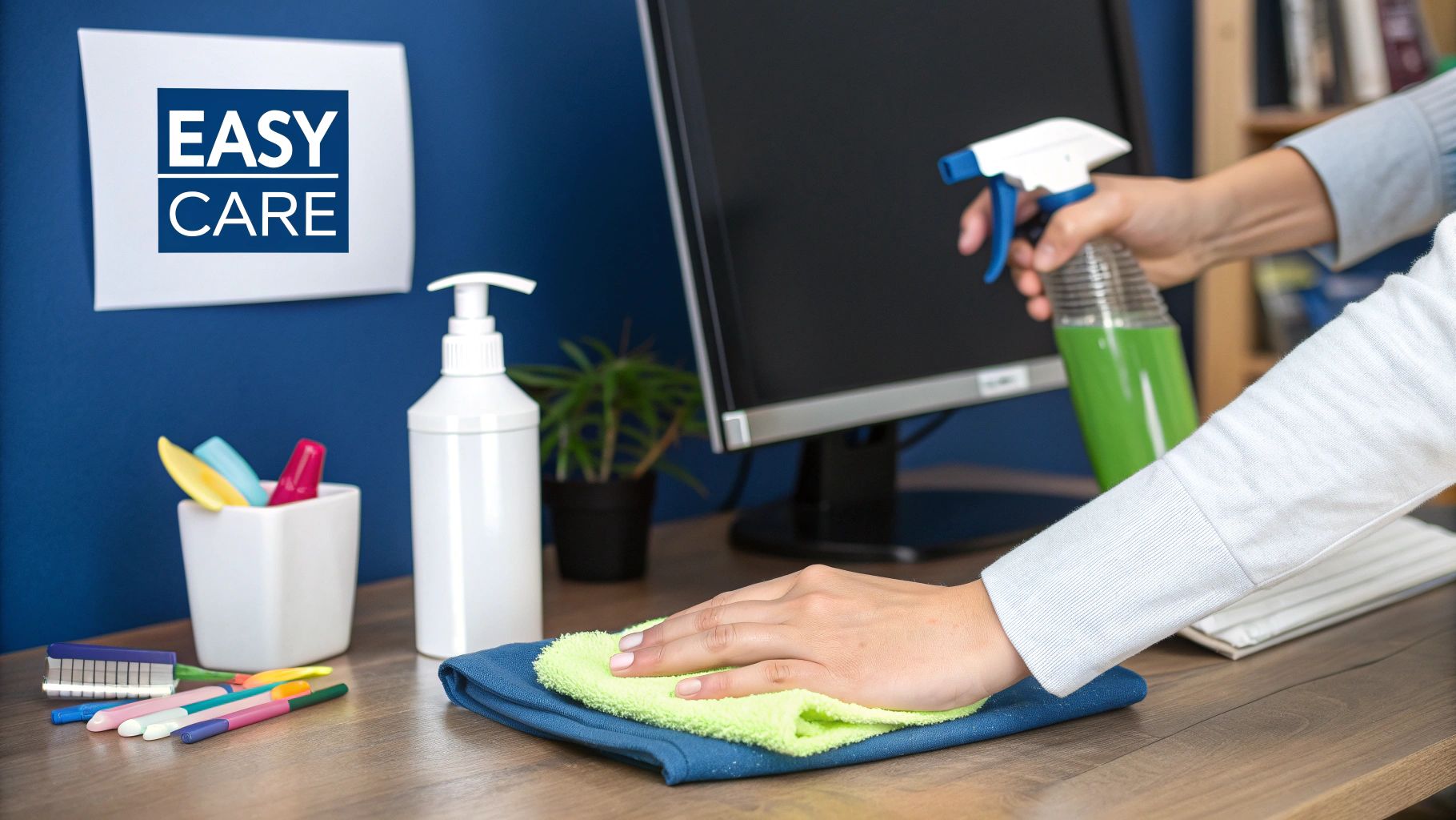 A person gently wiping down a modern study desk with a soft cloth.