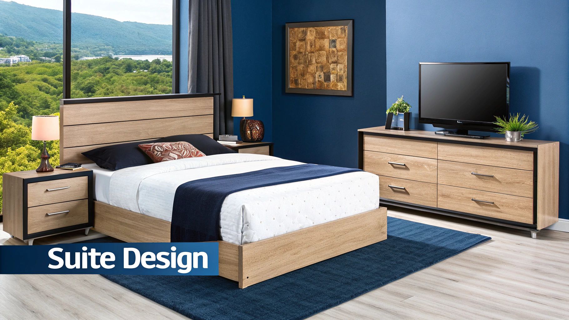 A beautifully coordinated bedroom with a queen bed, matching nightstands, and elegant decor.