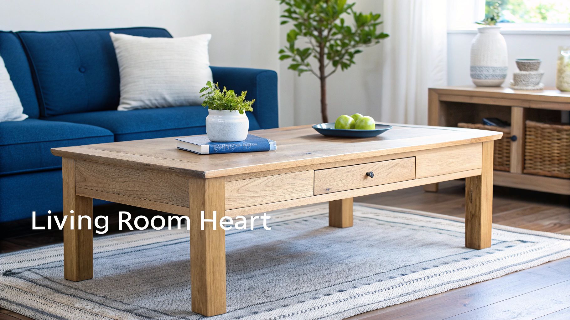 A stylish oak coffee table in a modern living room setting.
