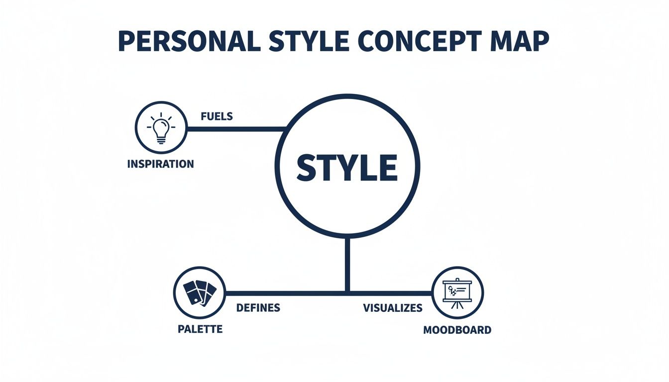 A concept map showing personal style influenced by inspiration, defined by palette, and visualized by moodboard.