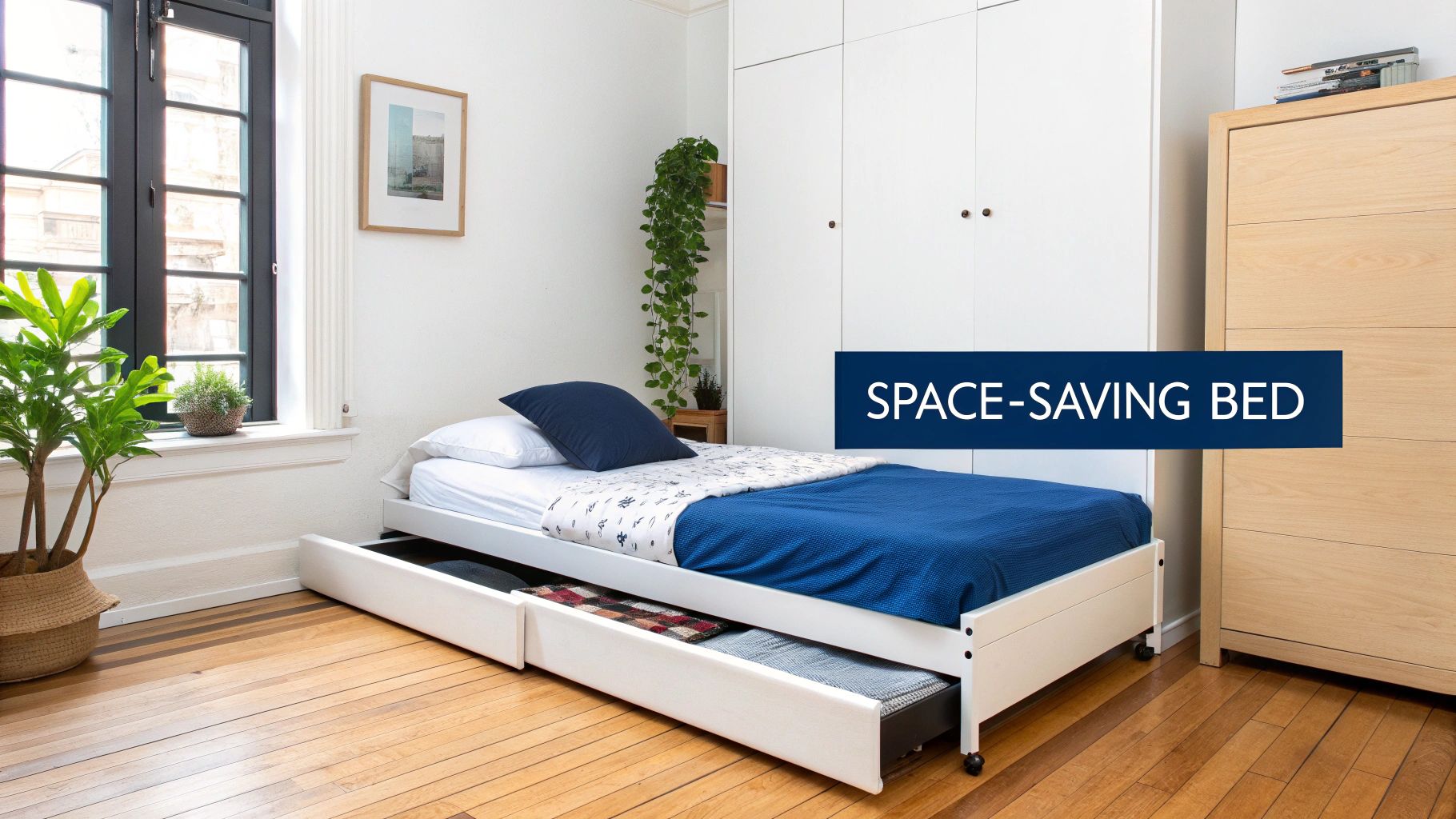 A stylish single bed with a trundle pulled out in a modern bedroom setting.