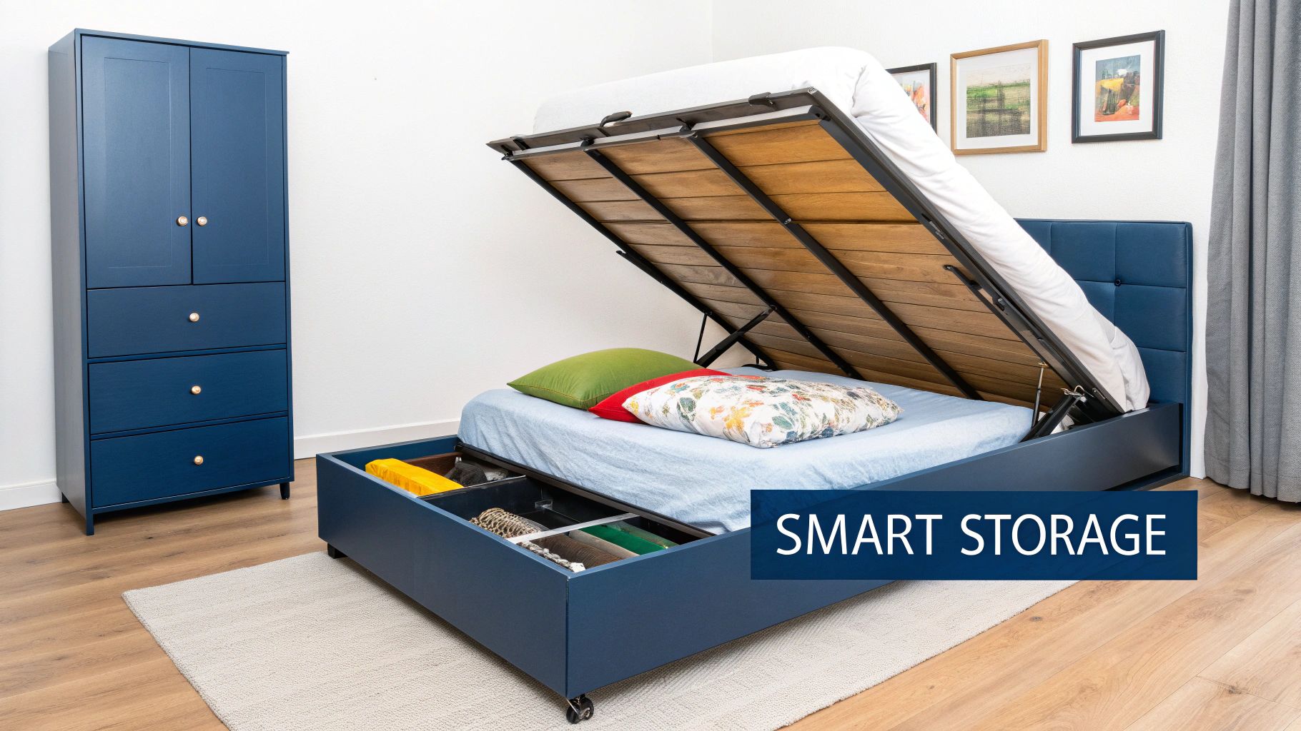 A queen bed frame with under-bed storage drawers pulled out, showing neatly folded linens.