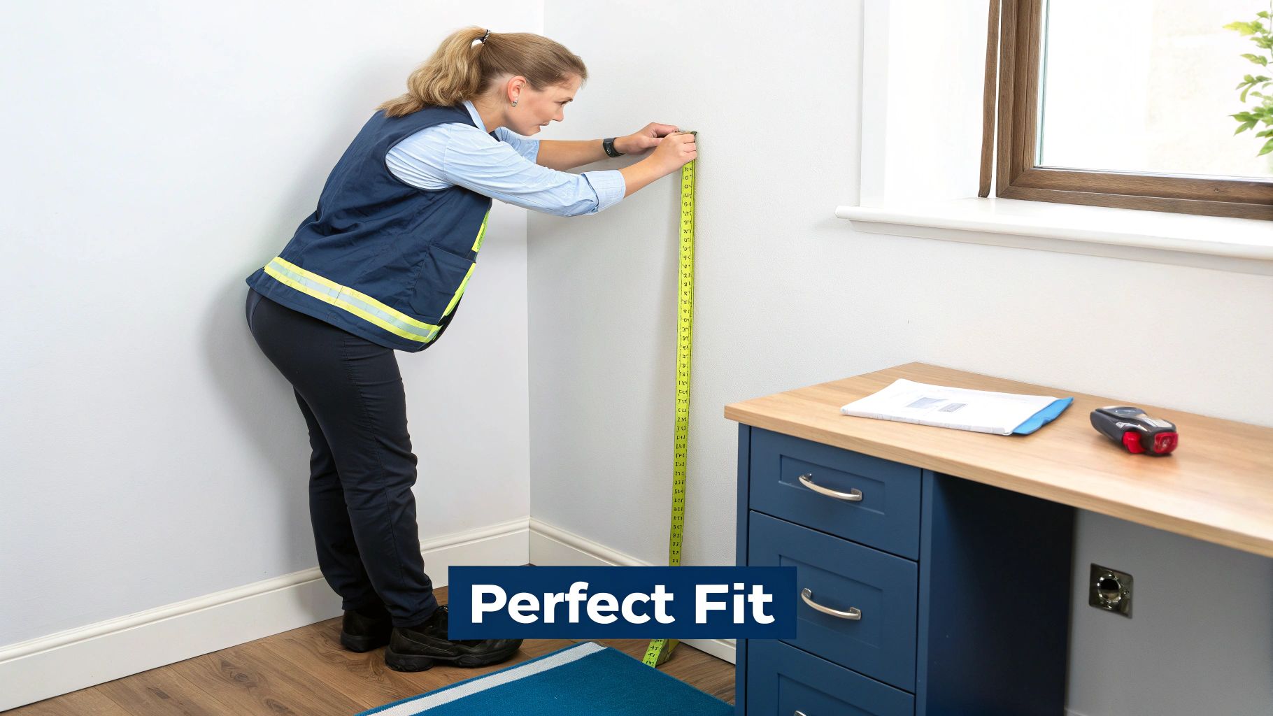 Person measuring a space in a home office for a new desk.