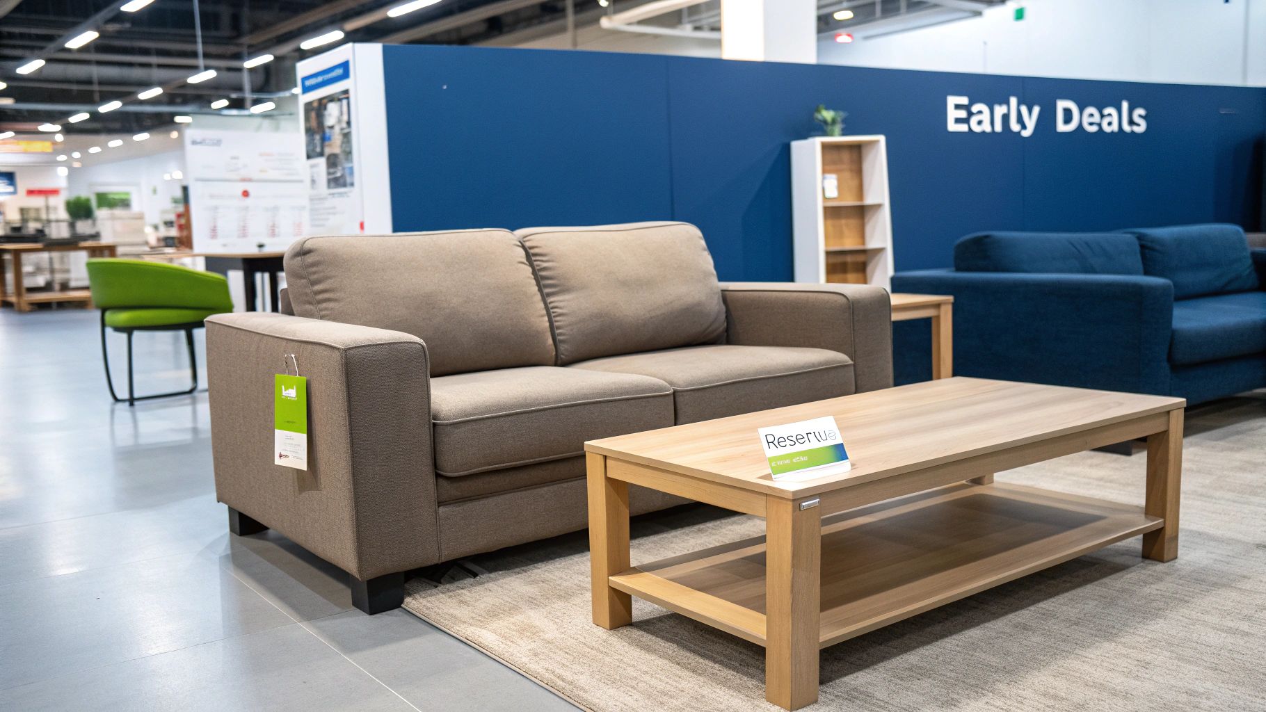 Furniture store display featuring a beige two-seater sofa, a wooden coffee table, and a blue wall with 'Early Deals'.