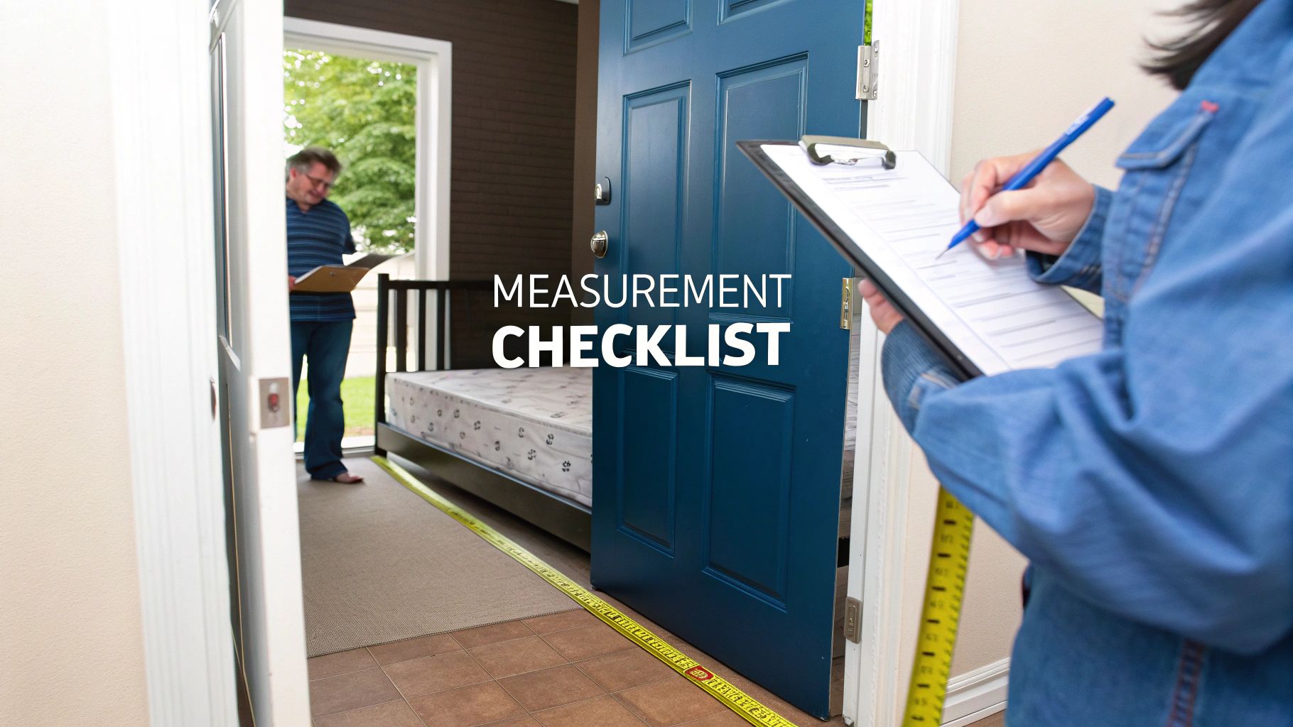 Professional measuring mattress dimensions at doorway with tape measure and checklist for queen bed frame