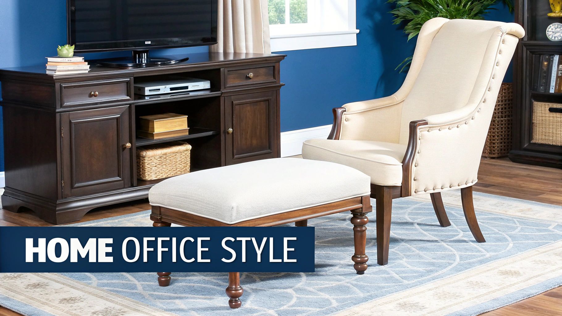 A stylish home office with a modern desk chair with a leg rest.