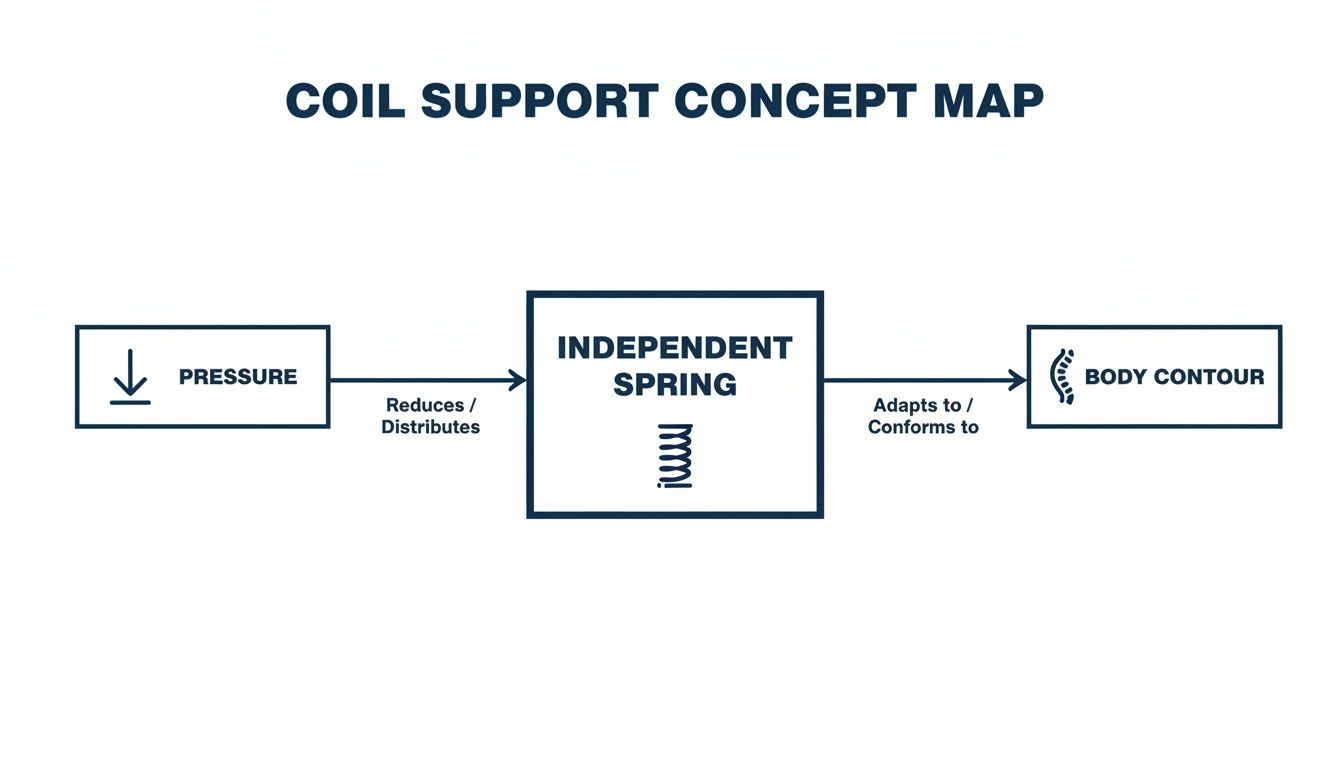 A concept map showing how independent springs reduce pressure and adapt to body contours for support.