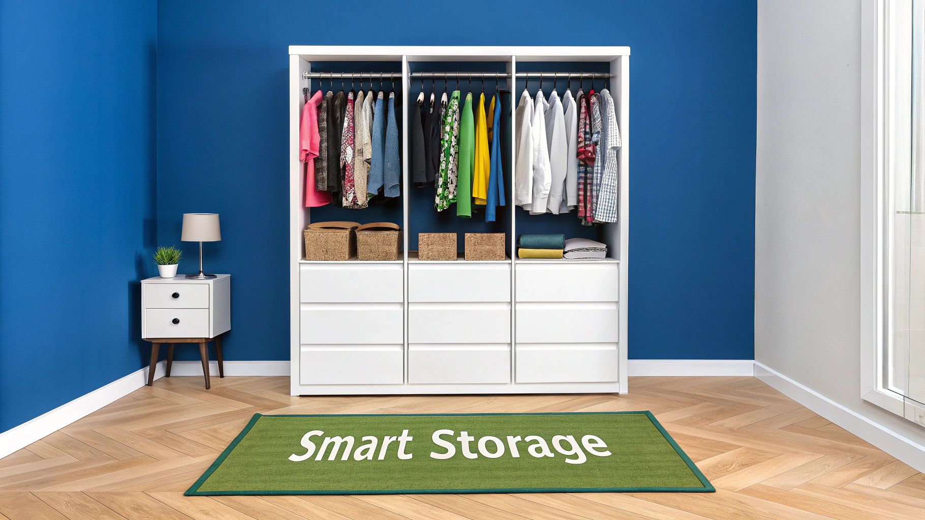 A spacious modern kids wardrobe with white doors and light wood accents, filled with neatly organised clothes and toys.