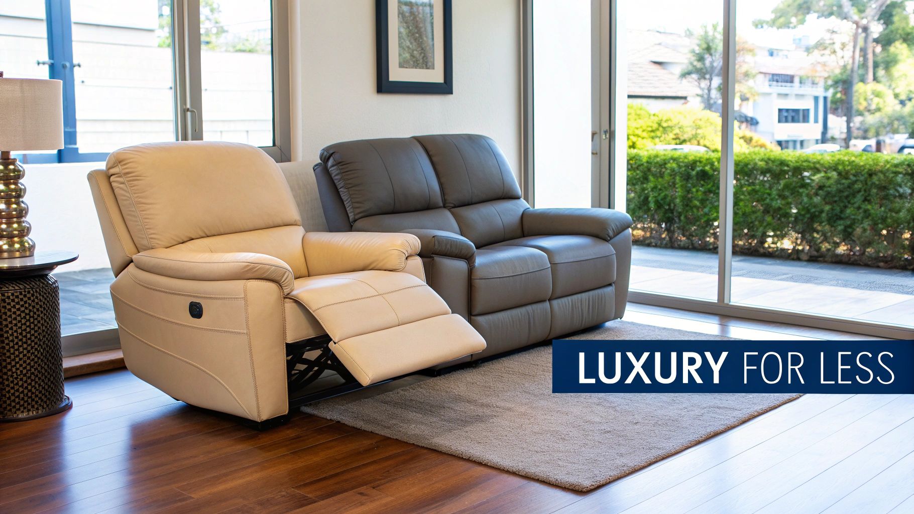 A light beige reclining armchair next to a dark grey two-seater sofa in a modern room.