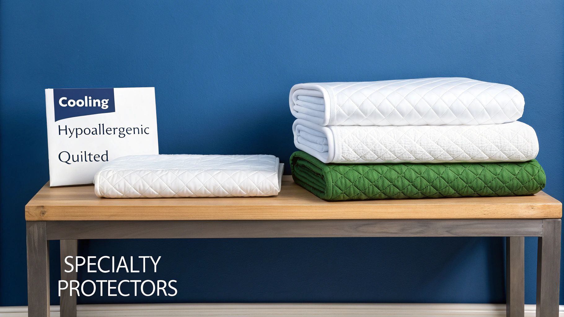 A display of white and green quilted cooling hypoallergenic mattress protectors on a wooden bench against a blue wall.