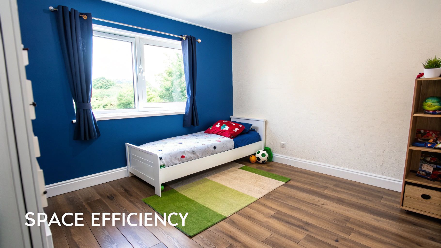 A stylish single bed in a well-decorated children's room, showcasing space efficiency.