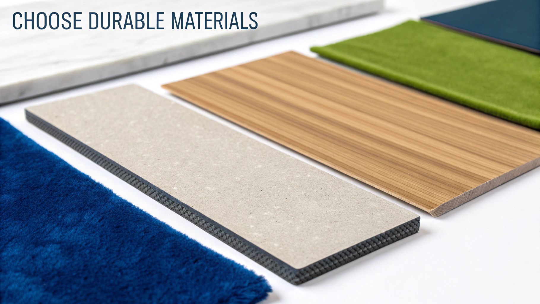 Various durable flooring material samples including wood, stone, carpet, and textured surfaces displayed together