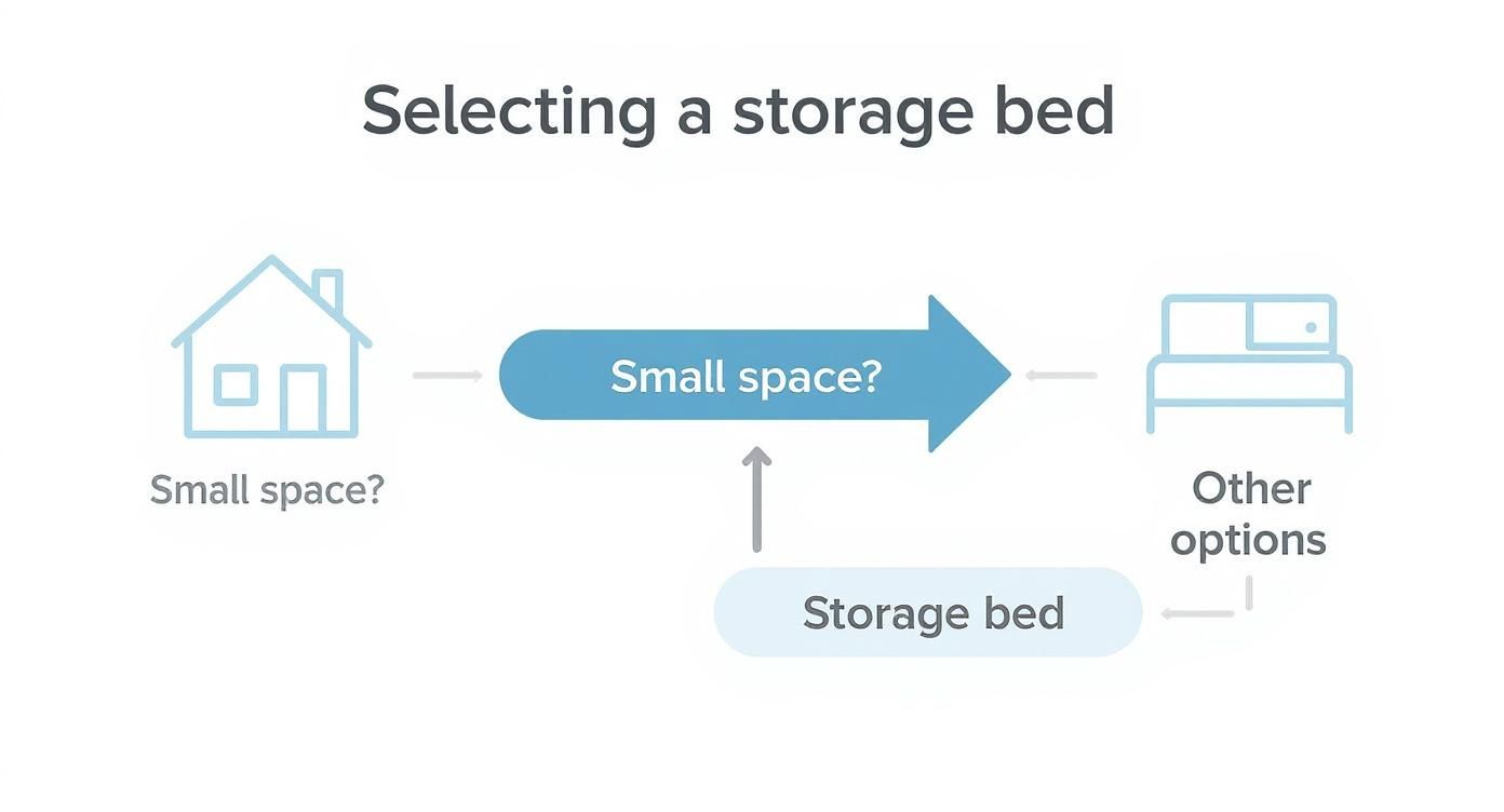 Flowchart illustrating the decision process for selecting a storage bed, especially for small spaces.