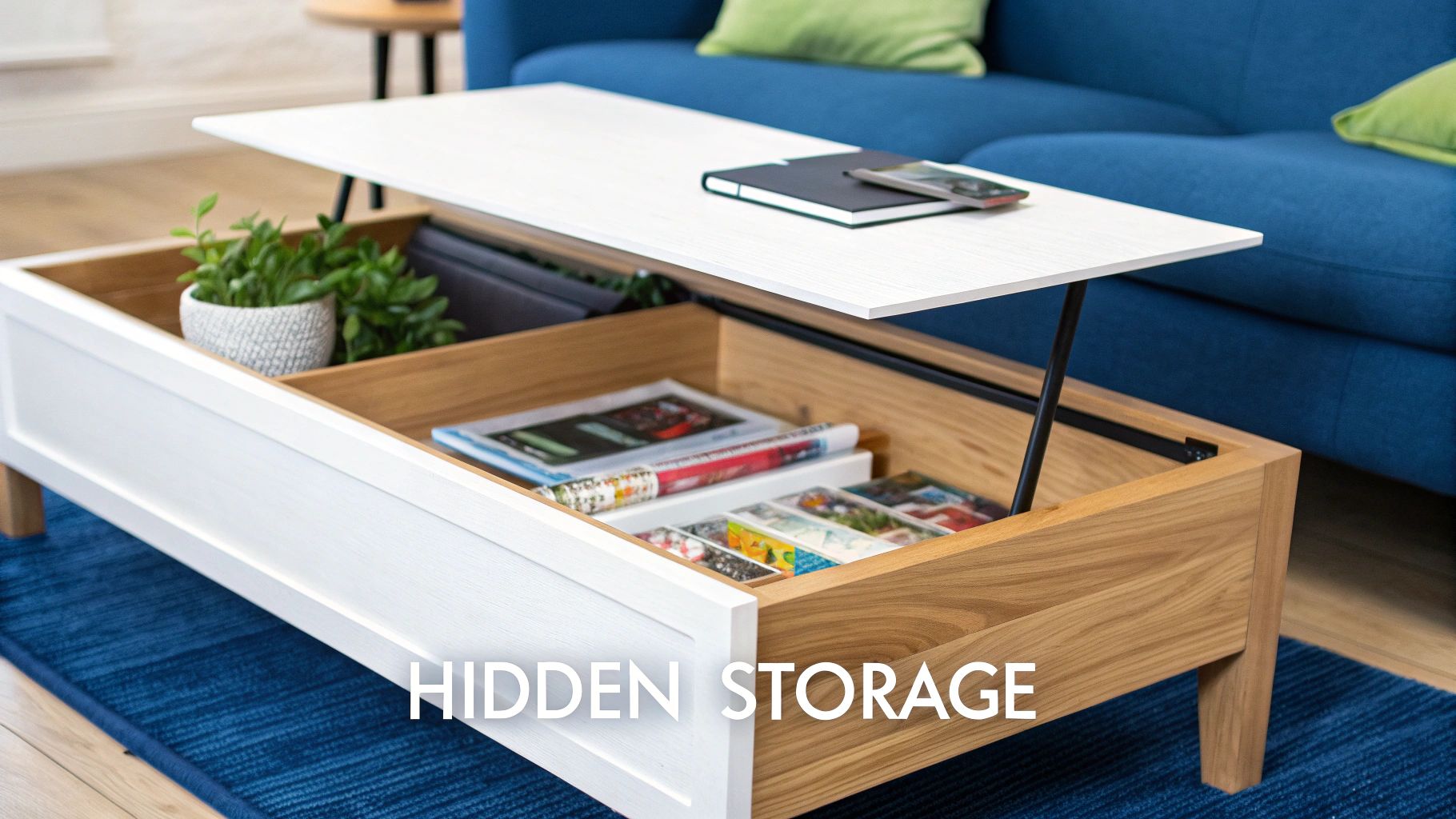 Modern white and wood lift-top coffee table with hidden storage for magazines and a plant.