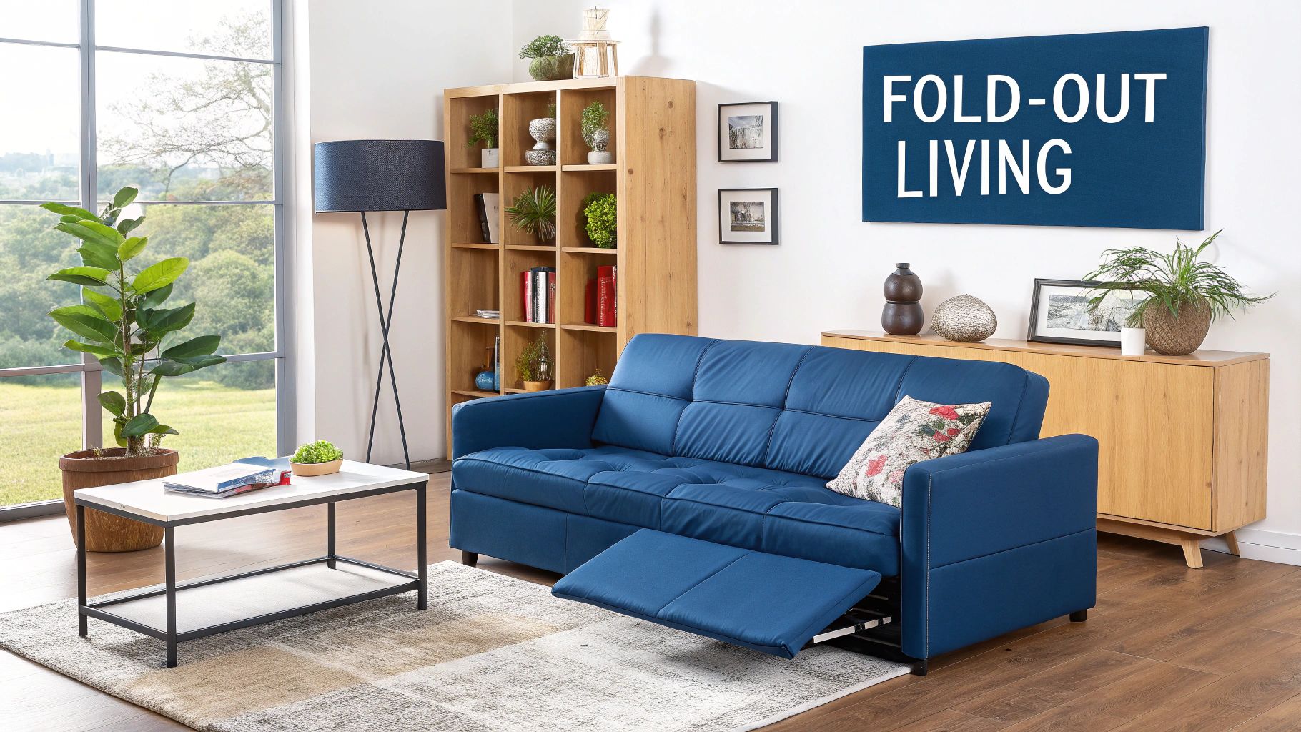 A modern, stylish fold out sofa in a well-lit living room