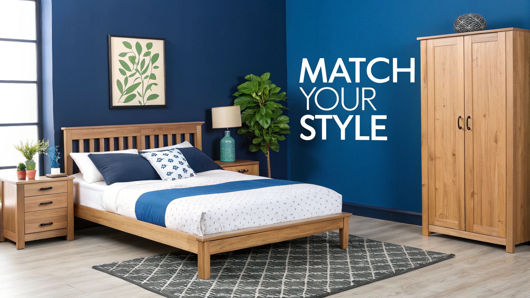 A beautifully decorated bedroom with a stylish queen mattress bed frame that matches the home's decor.