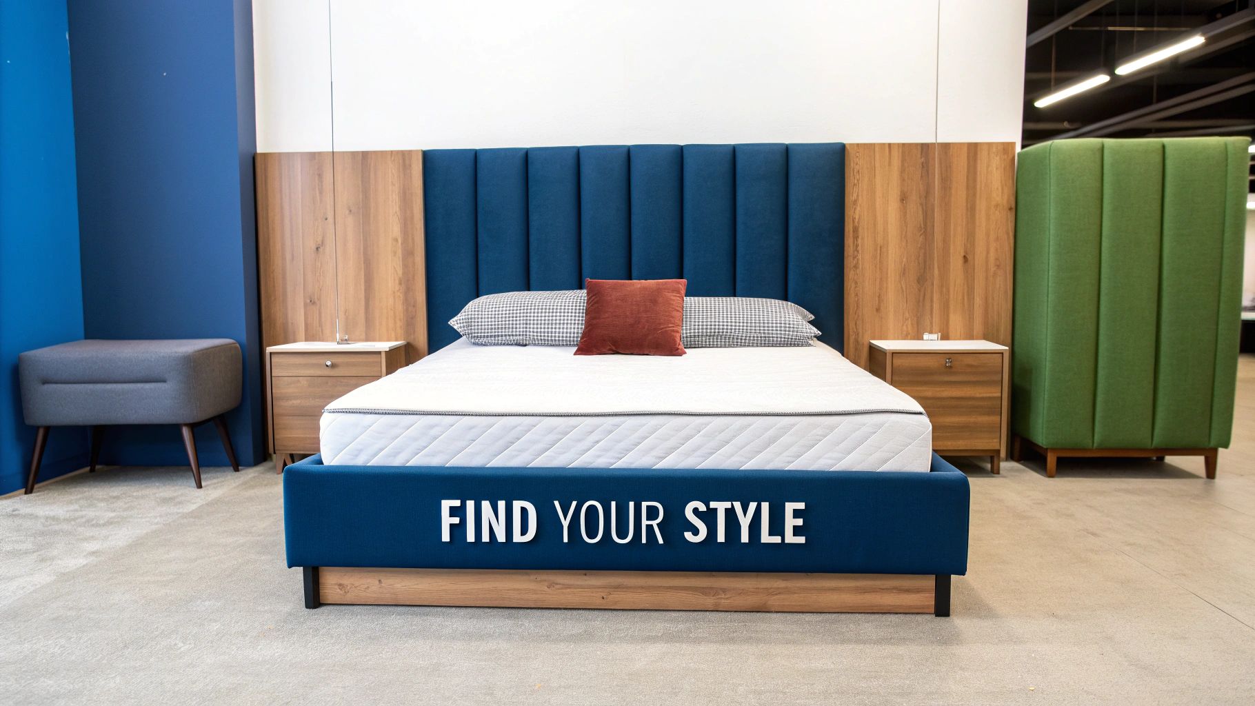 A stylish queen-size bed in a well-lit bedroom with modern decor.