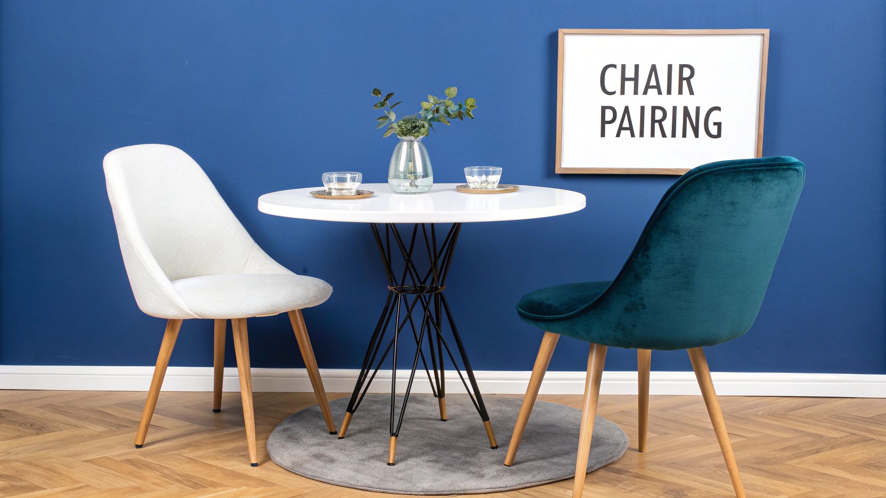 A modern dining setting with a white round table, two chairs, and a "CHAIR PAIRING" sign on a blue wall.