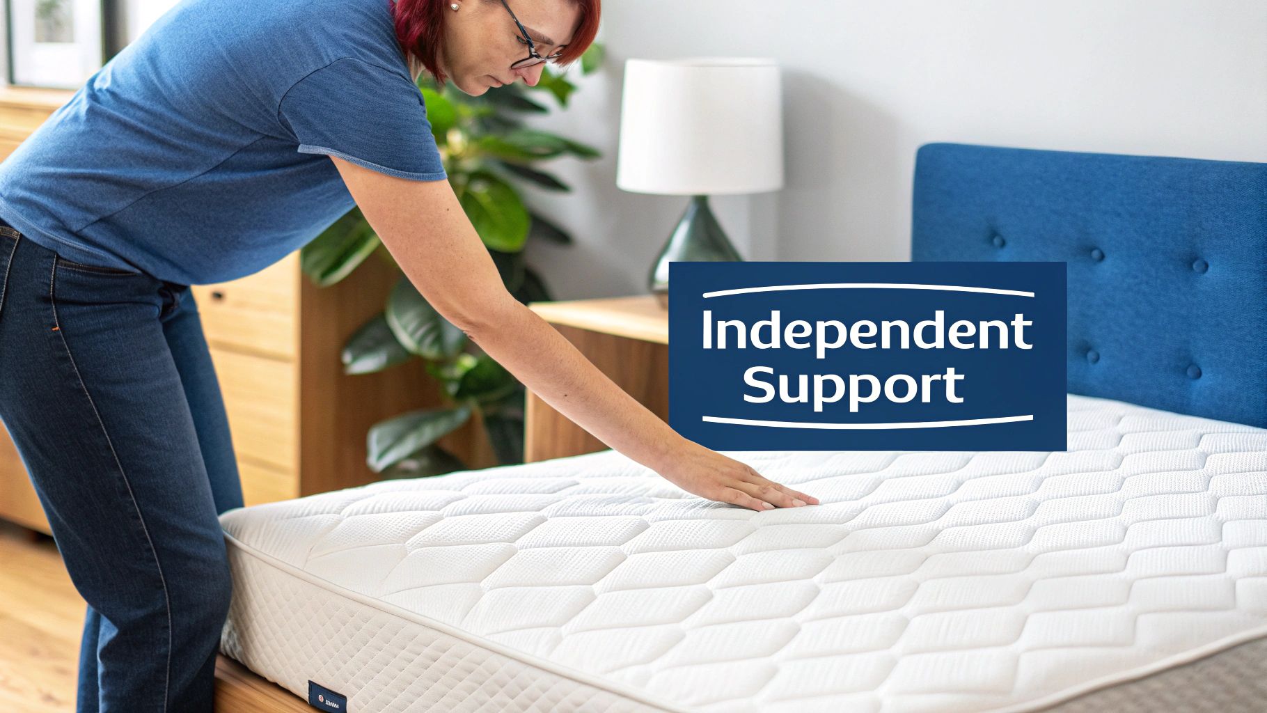A woman presses a white pocket spring mattress featuring 'Independent Support' in a bright bedroom.