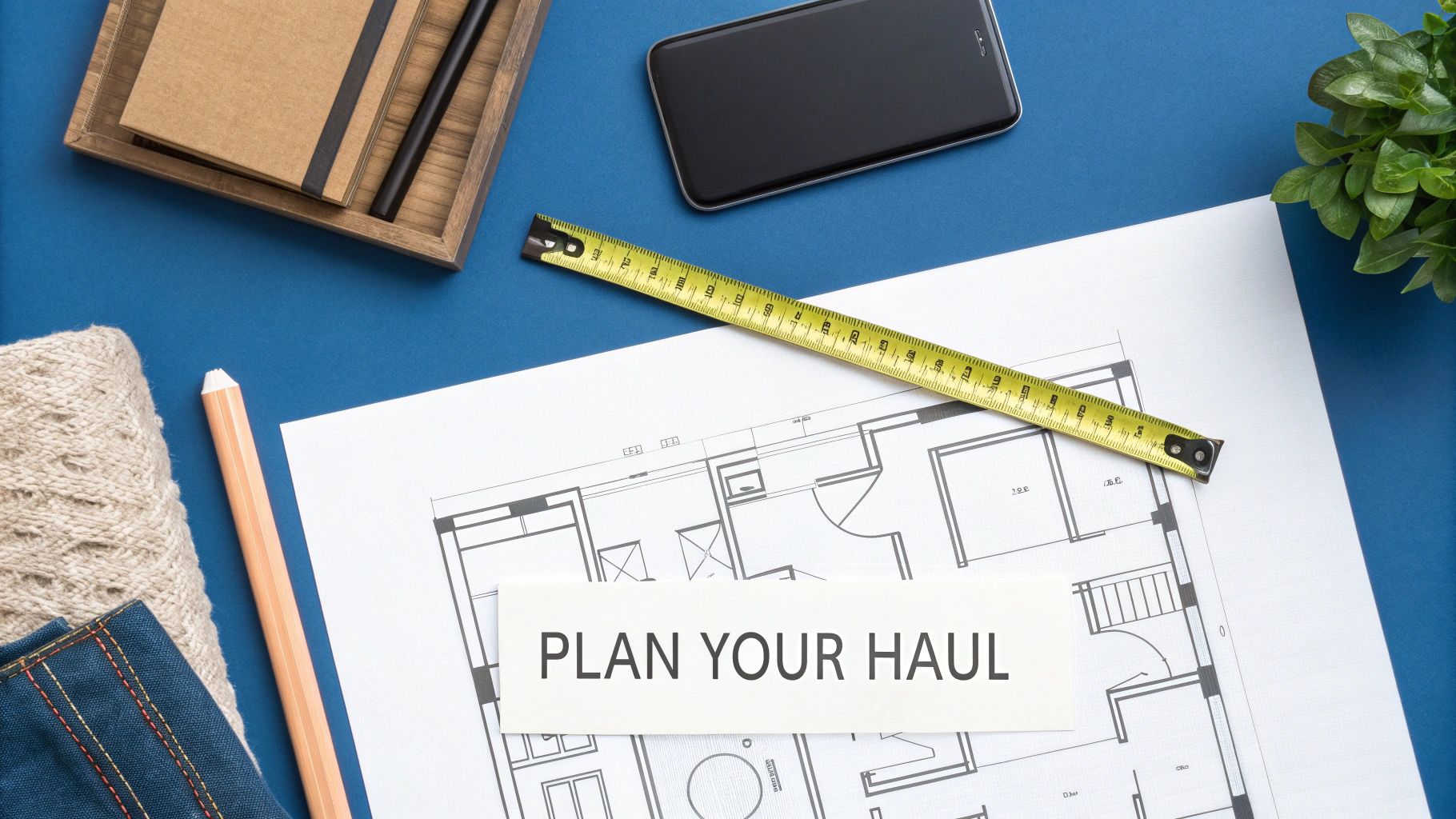 Overhead view of a desk with a floor plan, measuring tape, smartphone, and 'PLAN YOUR HAUL' note.