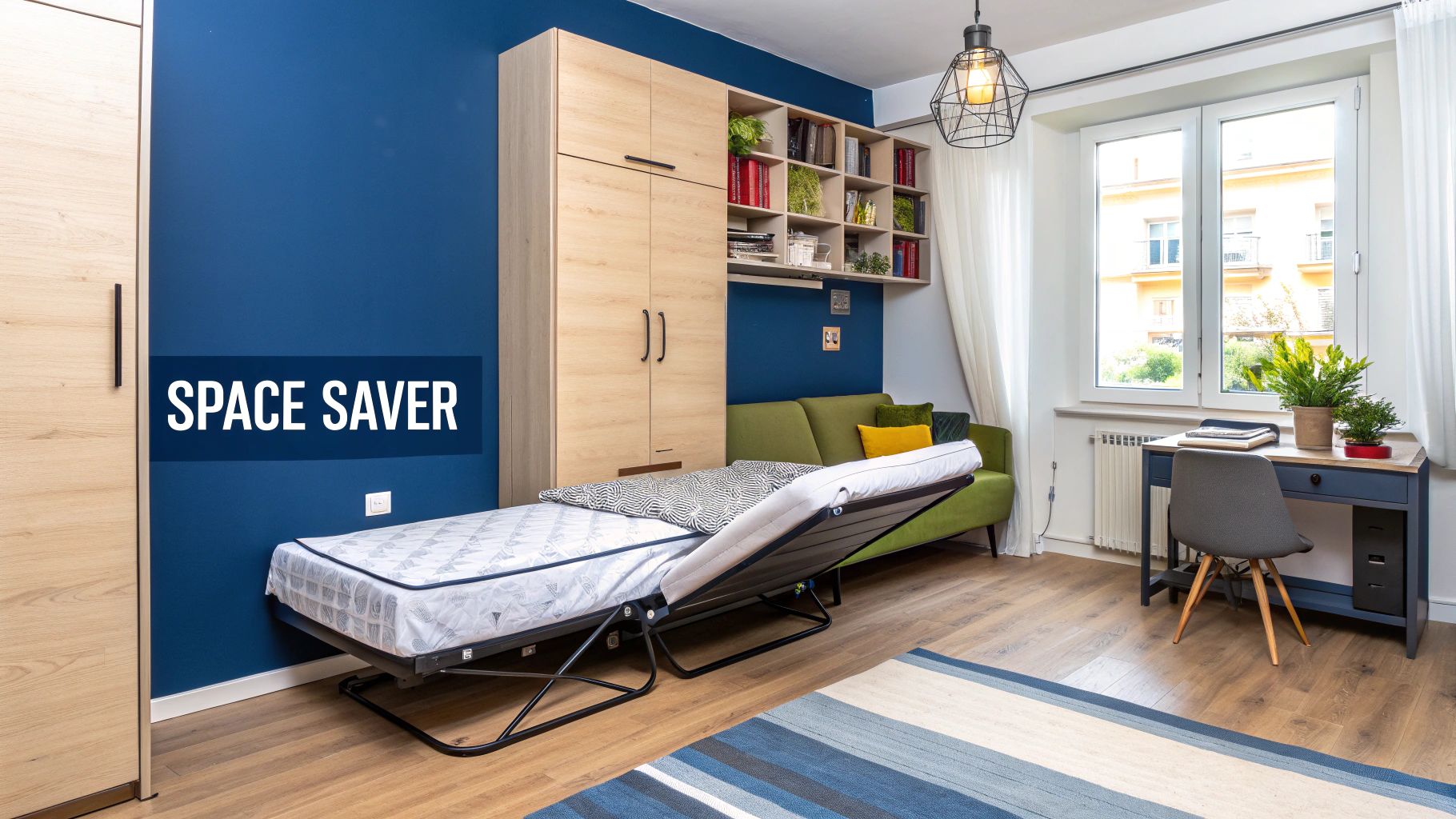 A person easily unfolding a stylish fold out sofa into a bed in a modern living room