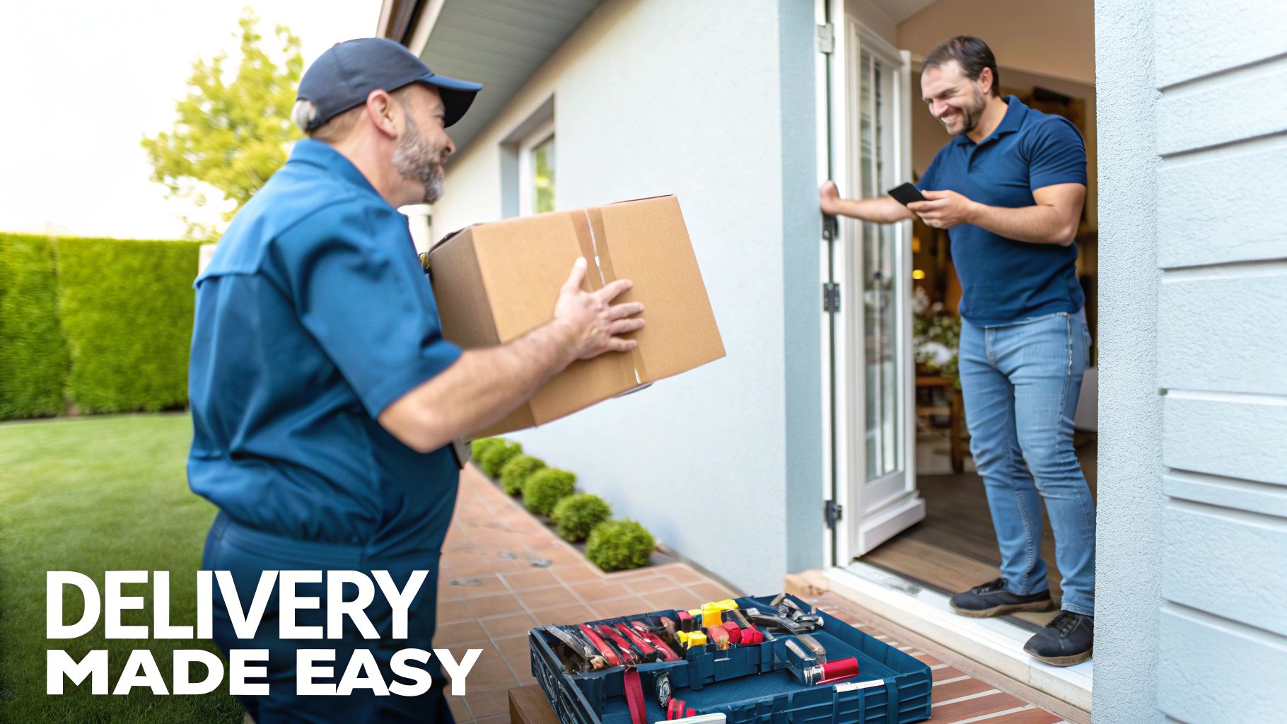 Delivery person carrying cardboard box to customer at front door with toolbox on ground