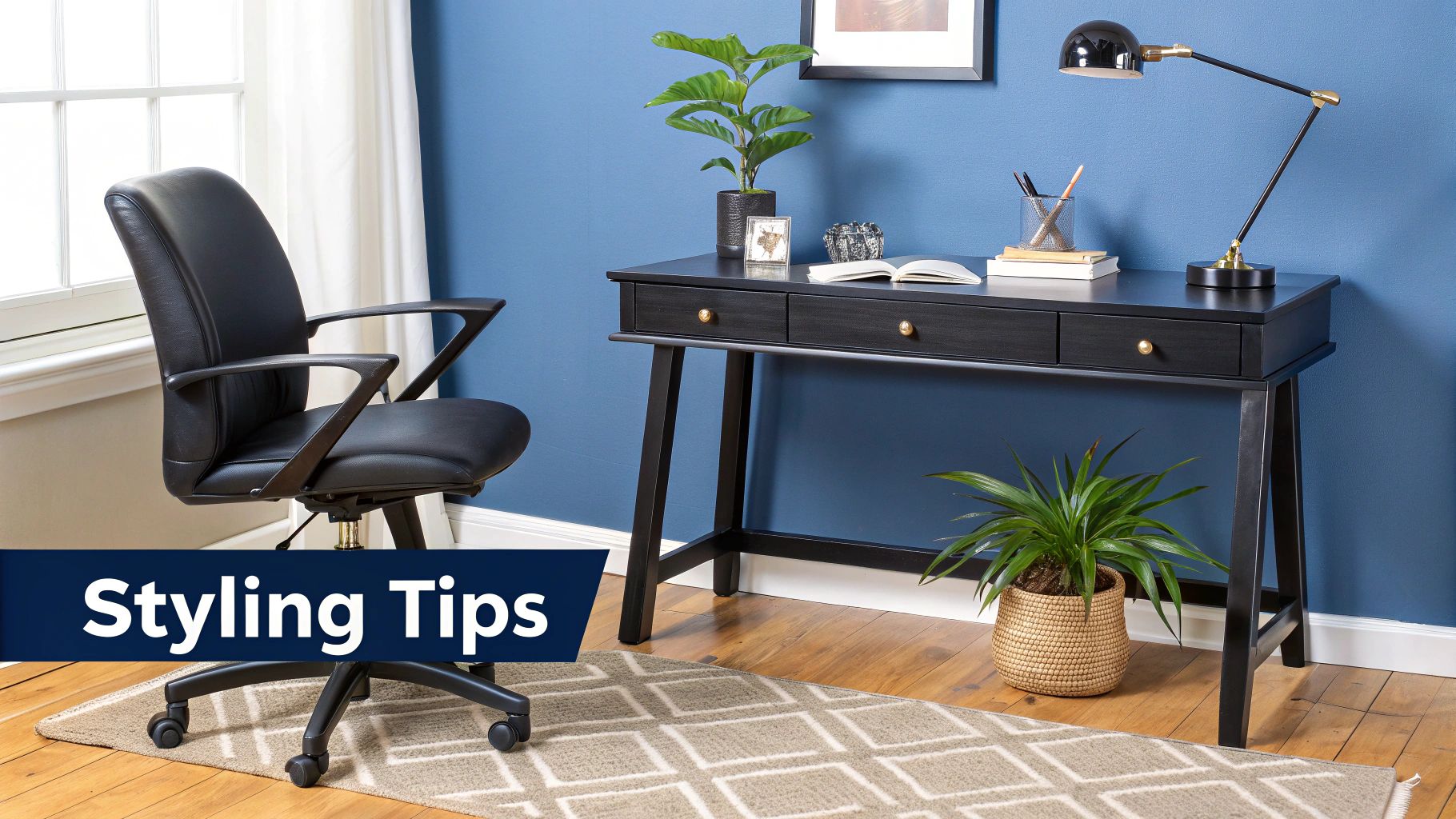 Modern home office with black desk, leather chair, desk lamp and plants against blue wall