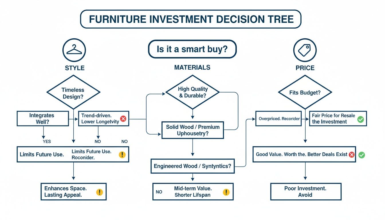 Flowchart illustrating a furniture investment decision tree based on style, materials, and price factors.