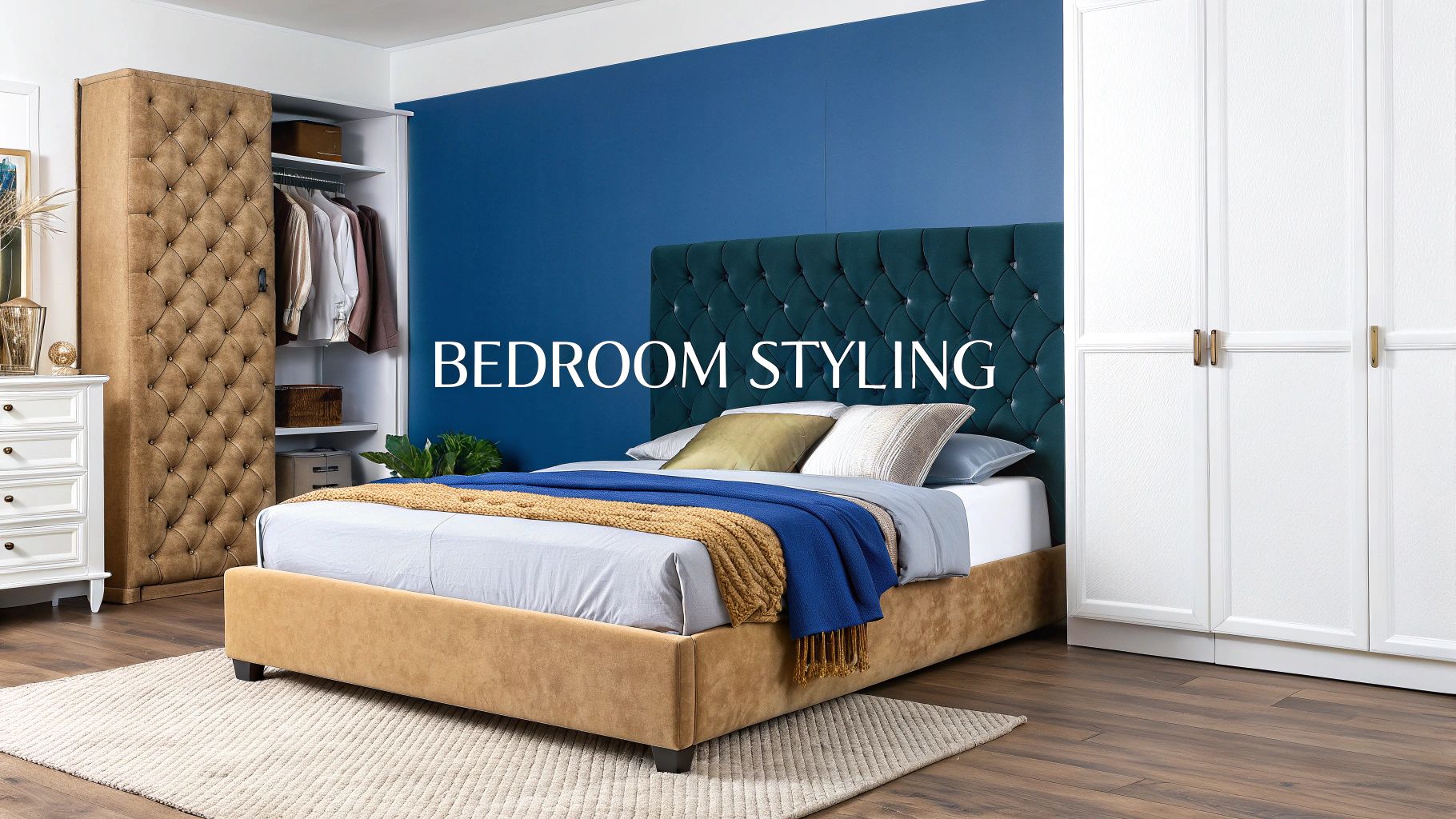 A stylish bedroom features a brown bed with a teal tufted headboard, white and brown furniture, and a blue accent wall.