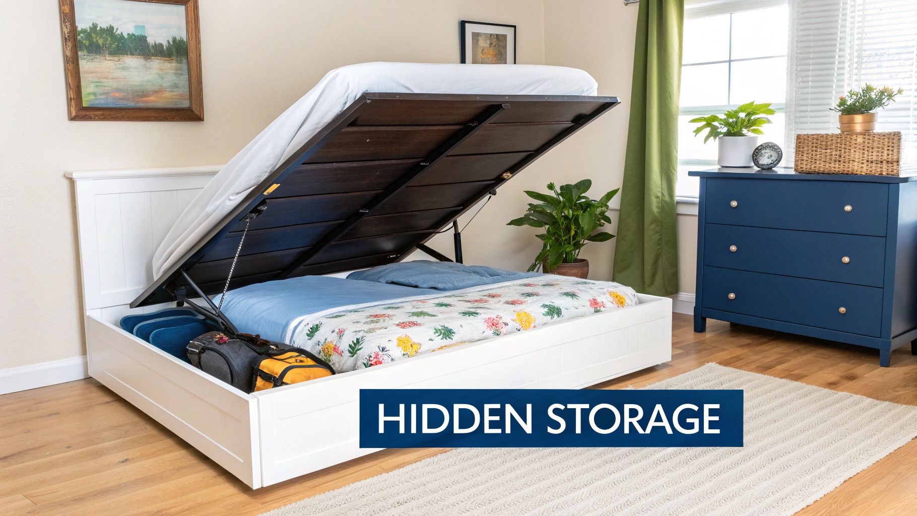 A gas lift queen bed frame is lifted, revealing a vast, organised under-bed storage space with neatly folded linens.