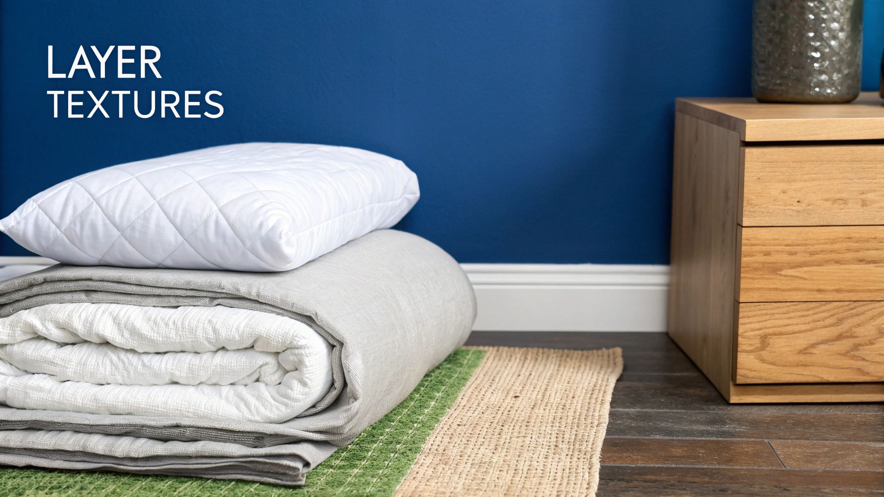 A stack of layered bedding including a quilted pillow, blankets, and textured rugs against a blue wall.