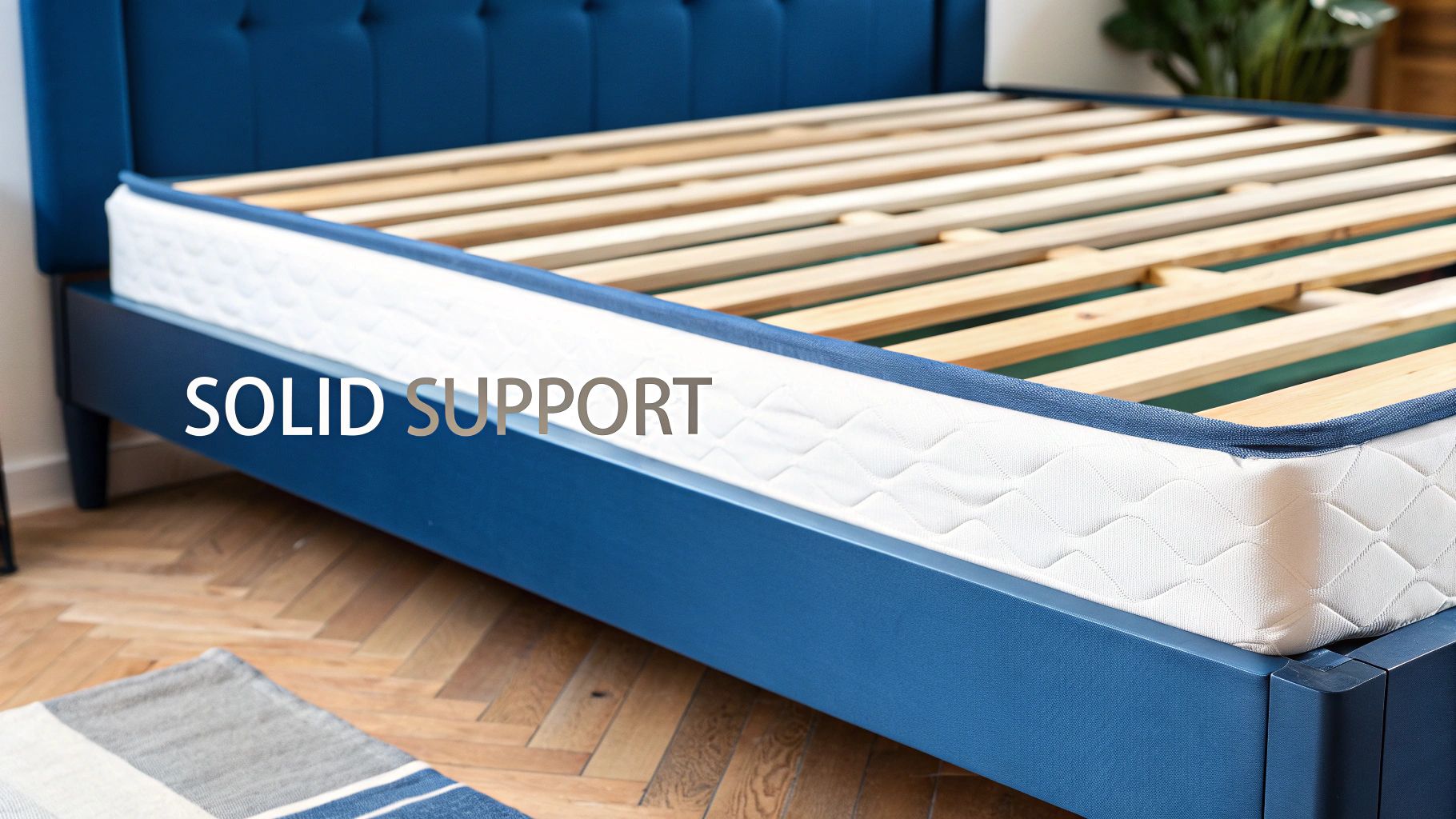 A stylish wooden bed frame supports a latex mattress in a modern bedroom.