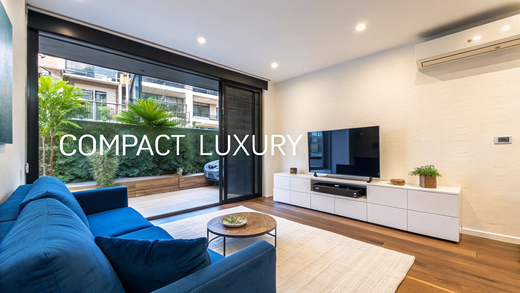 Modern compact living room with a blue velvet sofa, TV, and sliding doors opening to a lush private patio.