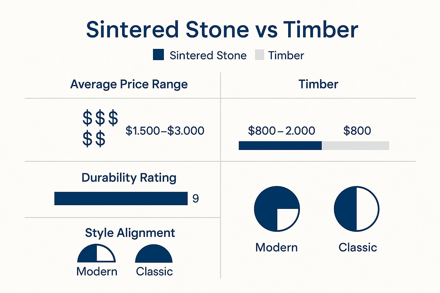 An infographic comparing Sintered Stone and Timber pedestal dining tables on price, durability, and style alignment.