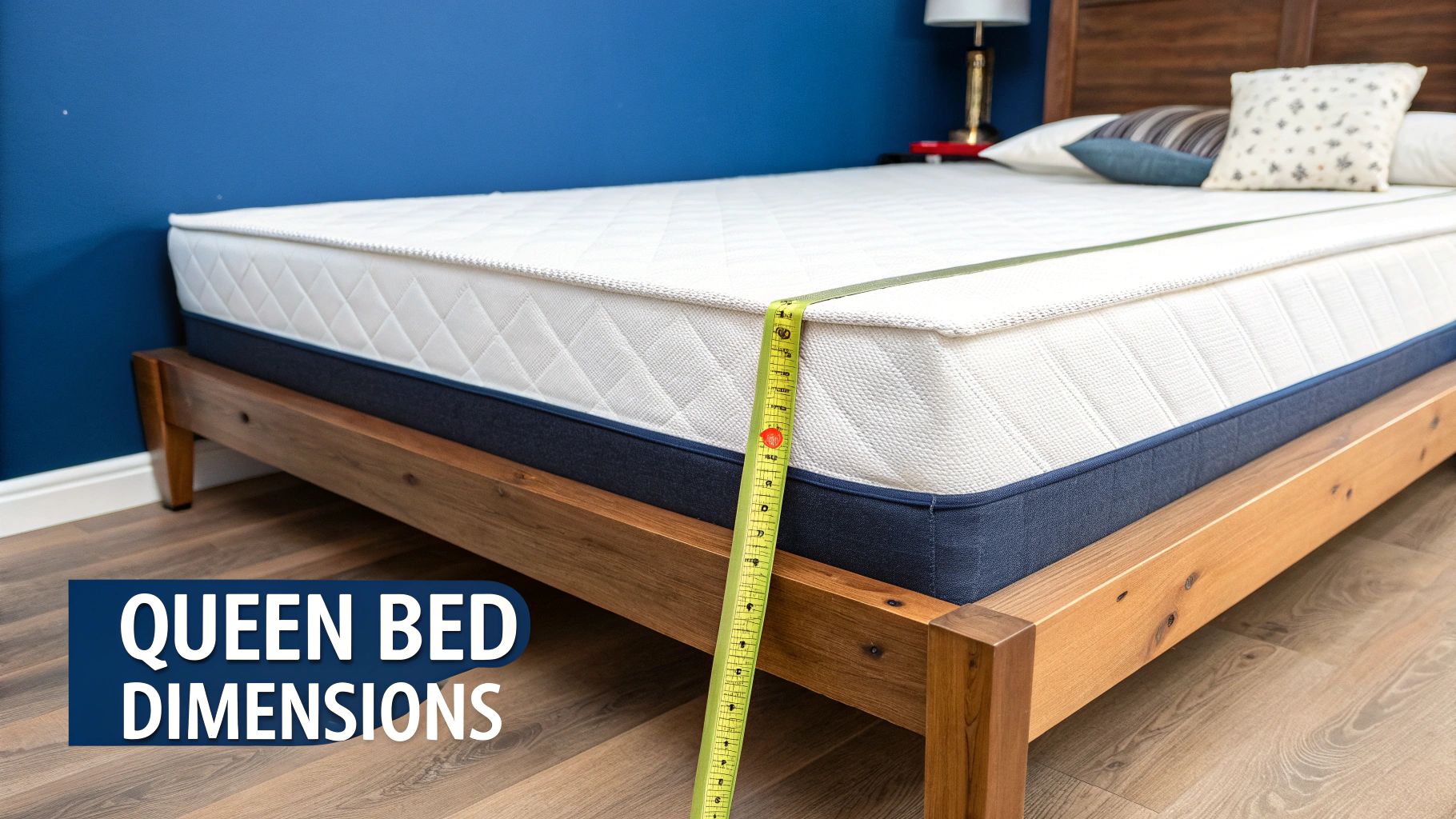 Measuring tape showing height of queen bed frame with white mattress on wooden platform