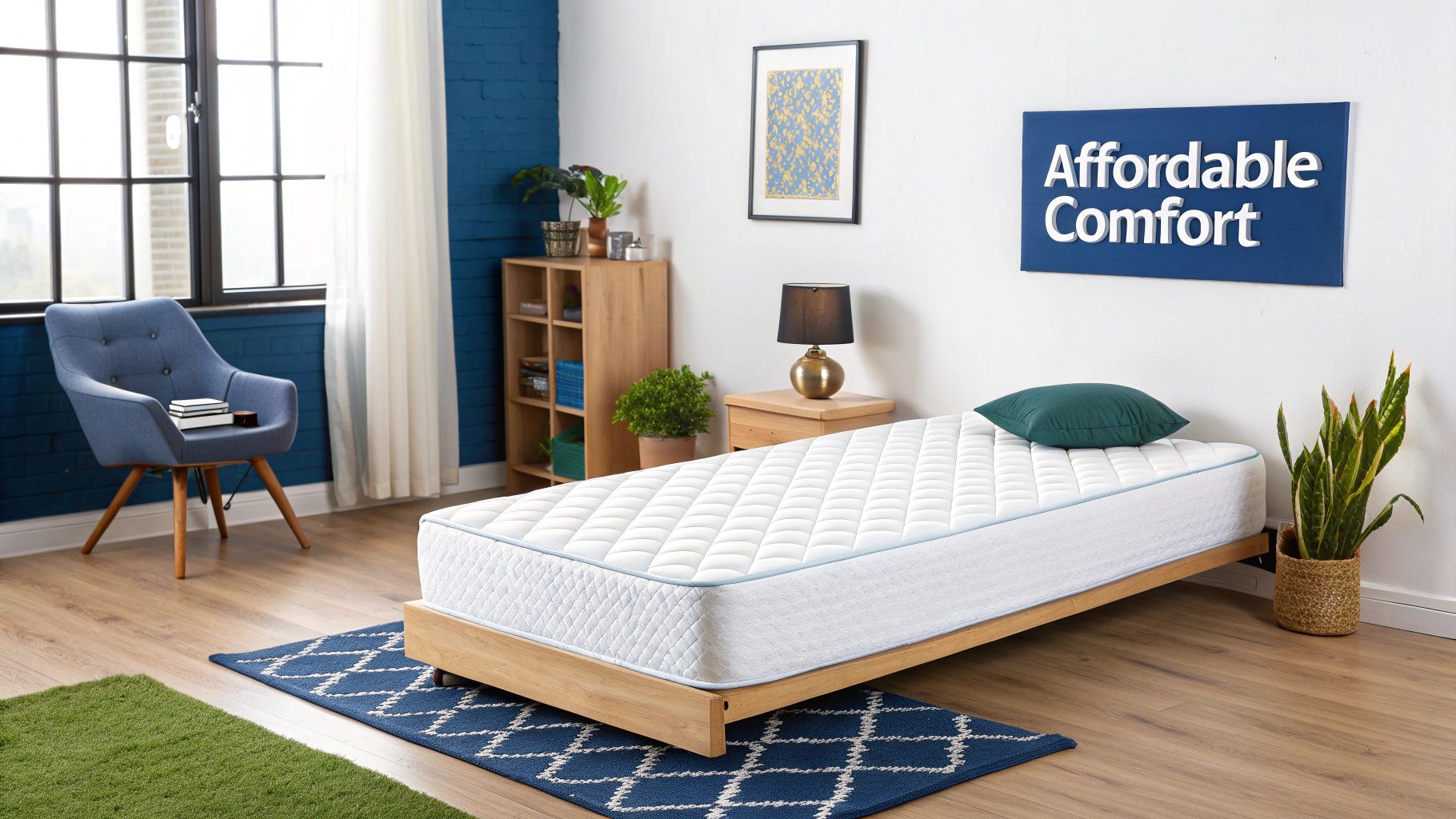 Single foam bed mattress in a modern bedroom setting