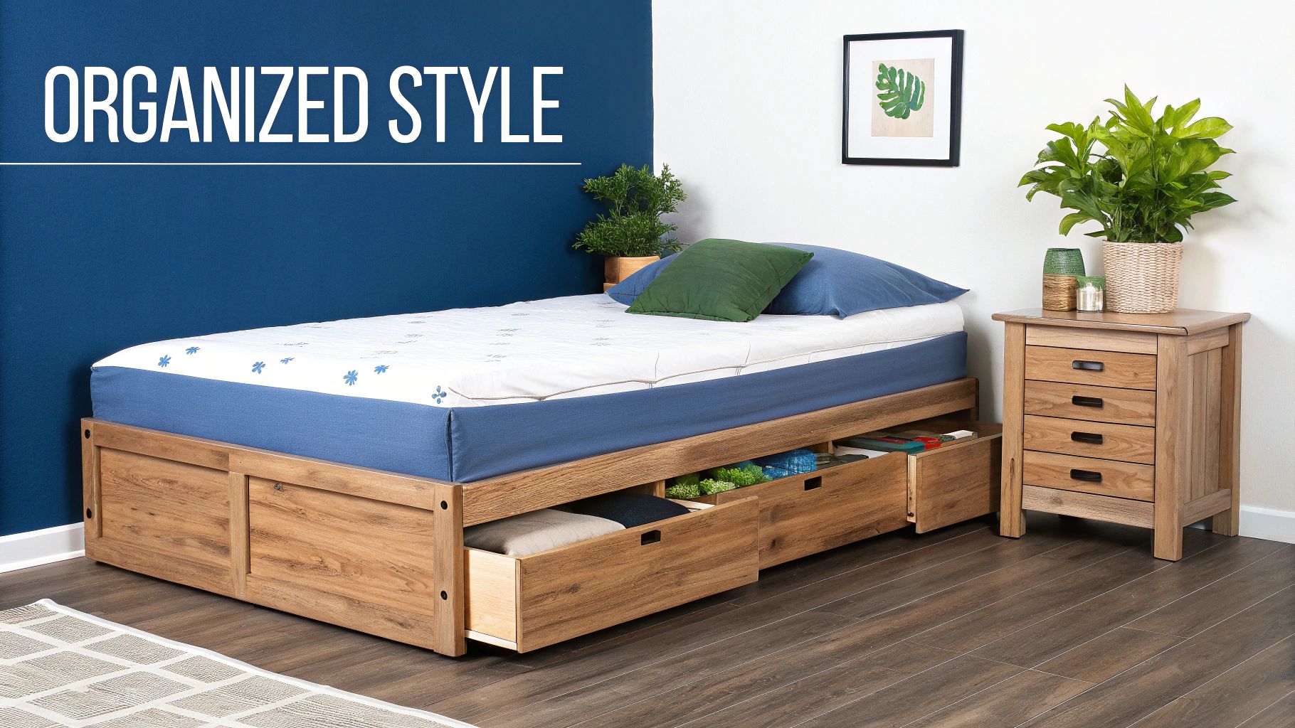 A stylish timber bed with storage in a well-organized bedroom