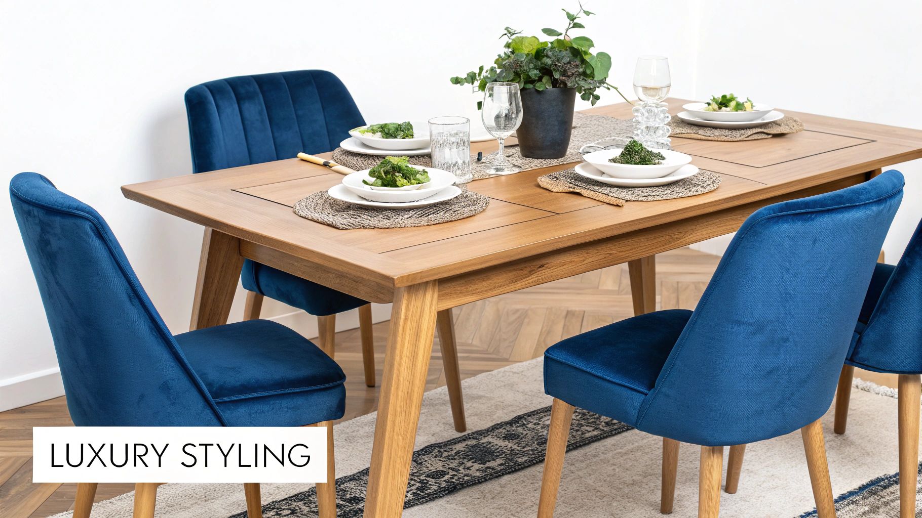 A stylish wooden extendable dining table set with four blue velvet chairs and place settings.